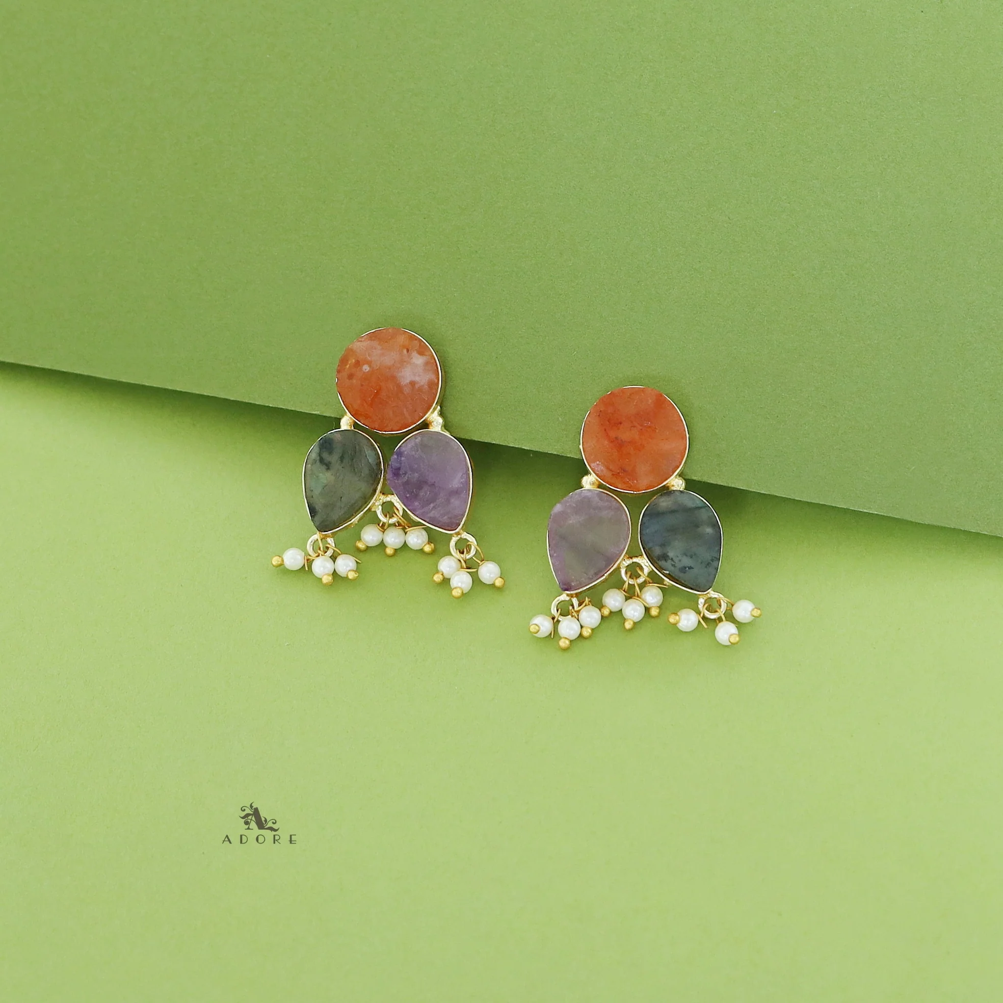 Ruby Tri Raw Stone Pearl Earring - Image 14