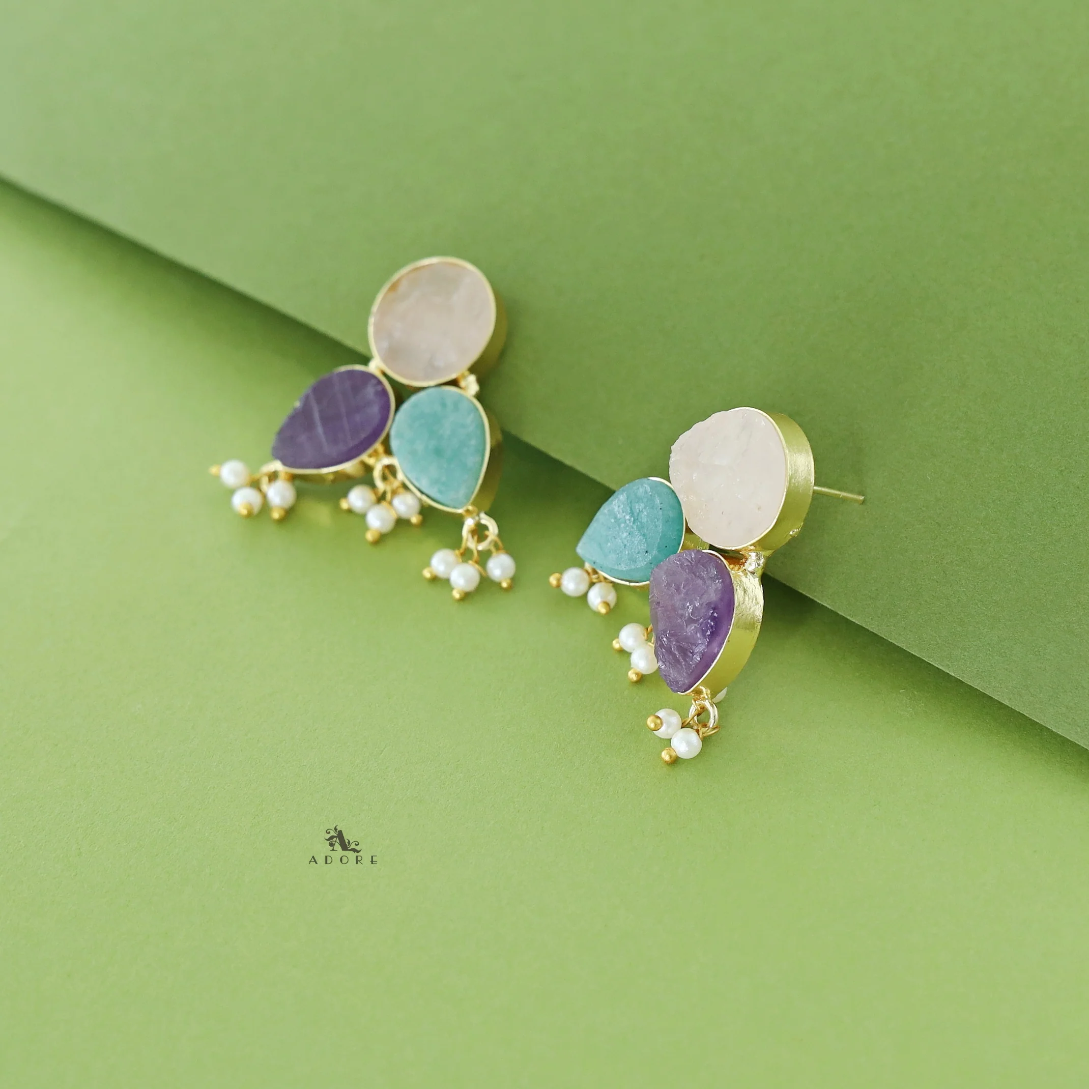 Ruby Tri Raw Stone Pearl Earring - Image 16