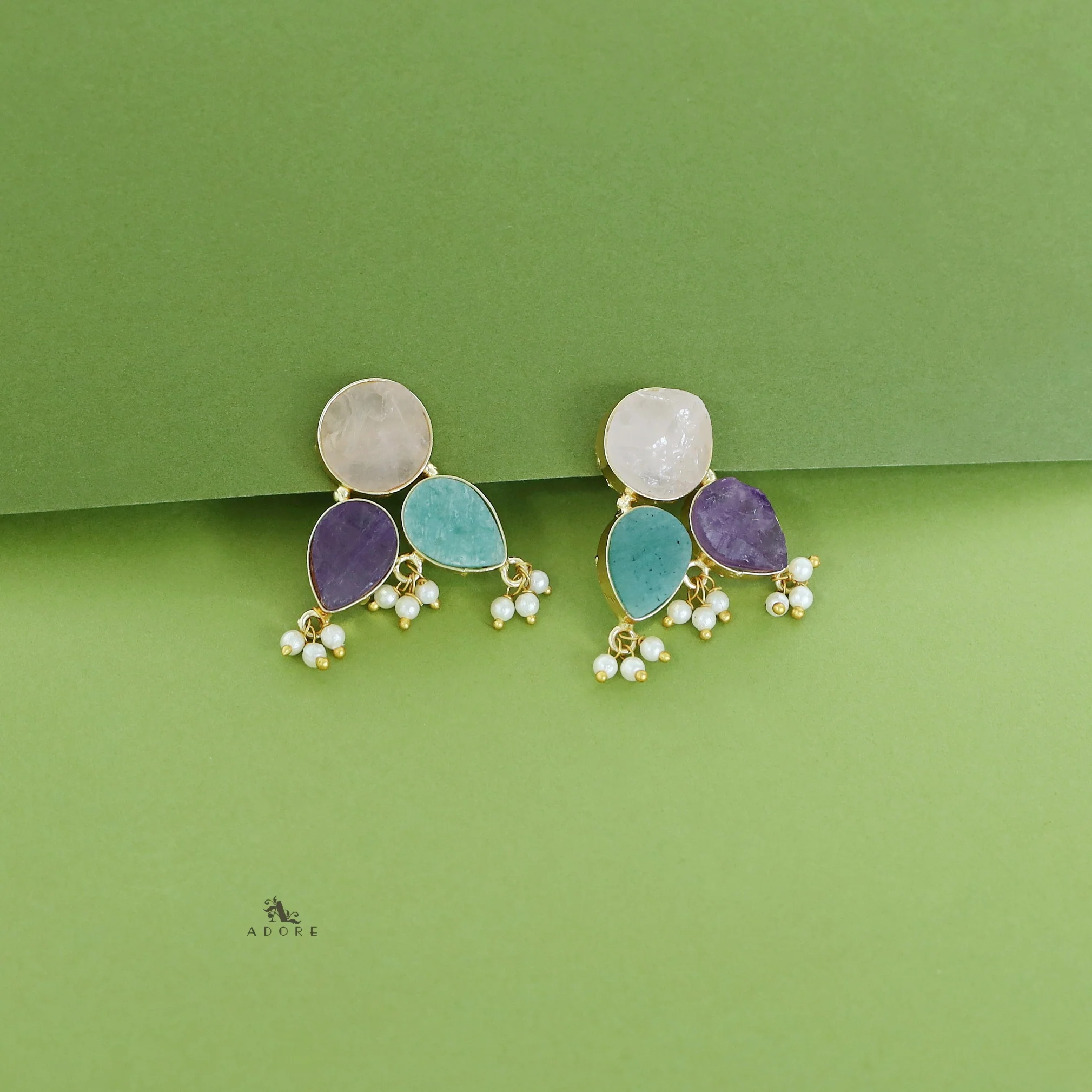 Ruby Tri Raw Stone Pearl Earring - Image 2