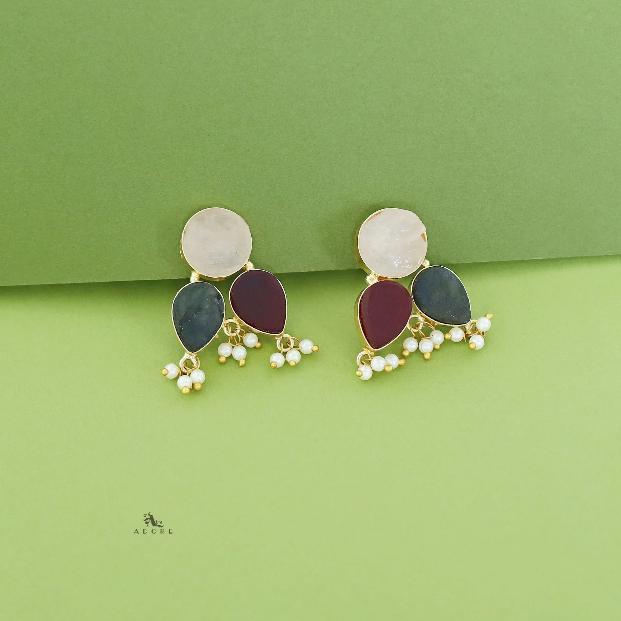 Ruby Tri Raw Stone Pearl Earring - Image 4