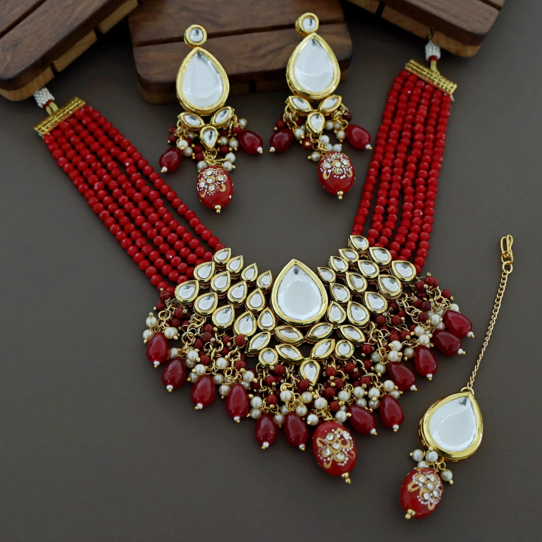 Rudie Kundan Neckpiece With Earring + Tikka - Image 6