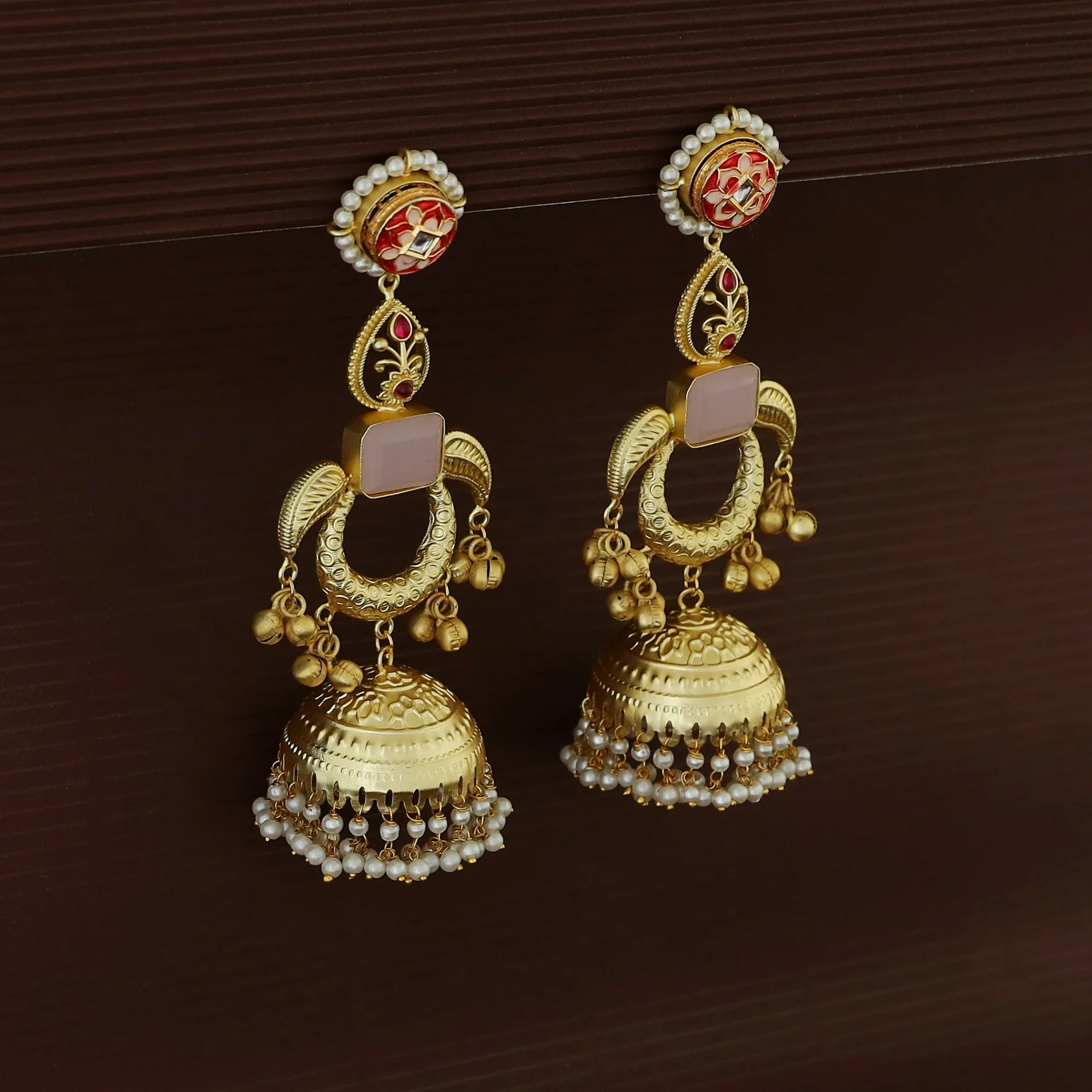 Ruhi Glossy Leaf Pearl Ghungroo Kashmiri Jhumka - Image 3