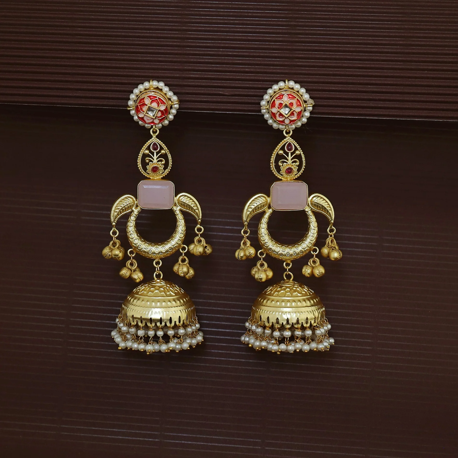 Ruhi Glossy Leaf Pearl Ghungroo Kashmiri Jhumka - Image 4