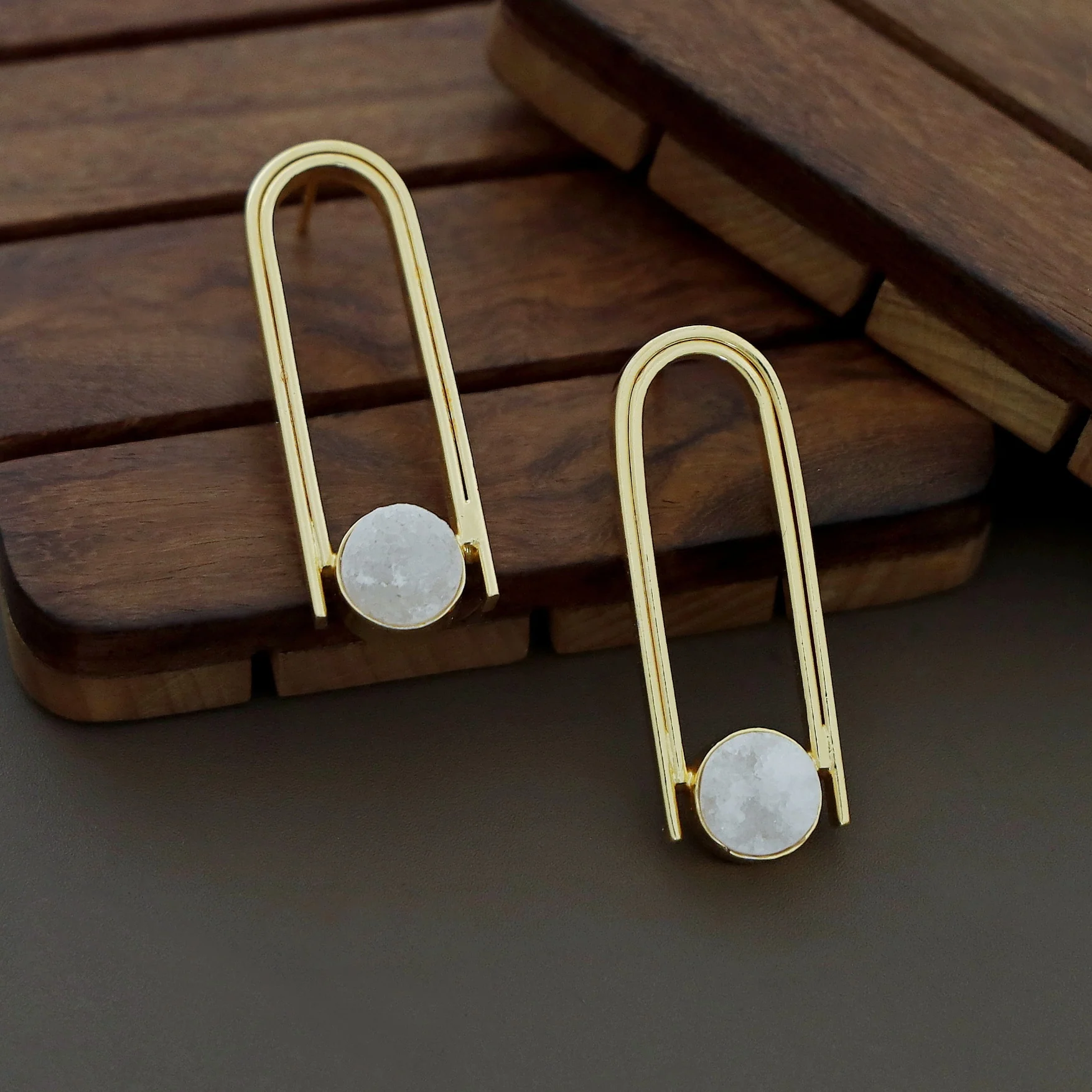 Ruhi Golden Dual Arch Druzy Stone Earring - Image 2