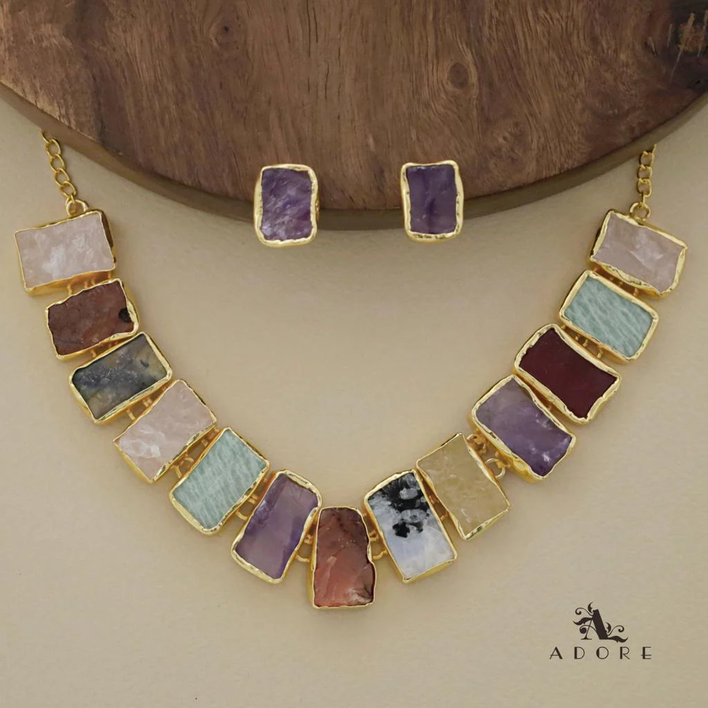 Rushika Rectangle Raw Stone Short Neckpiece With Stud - Image 13