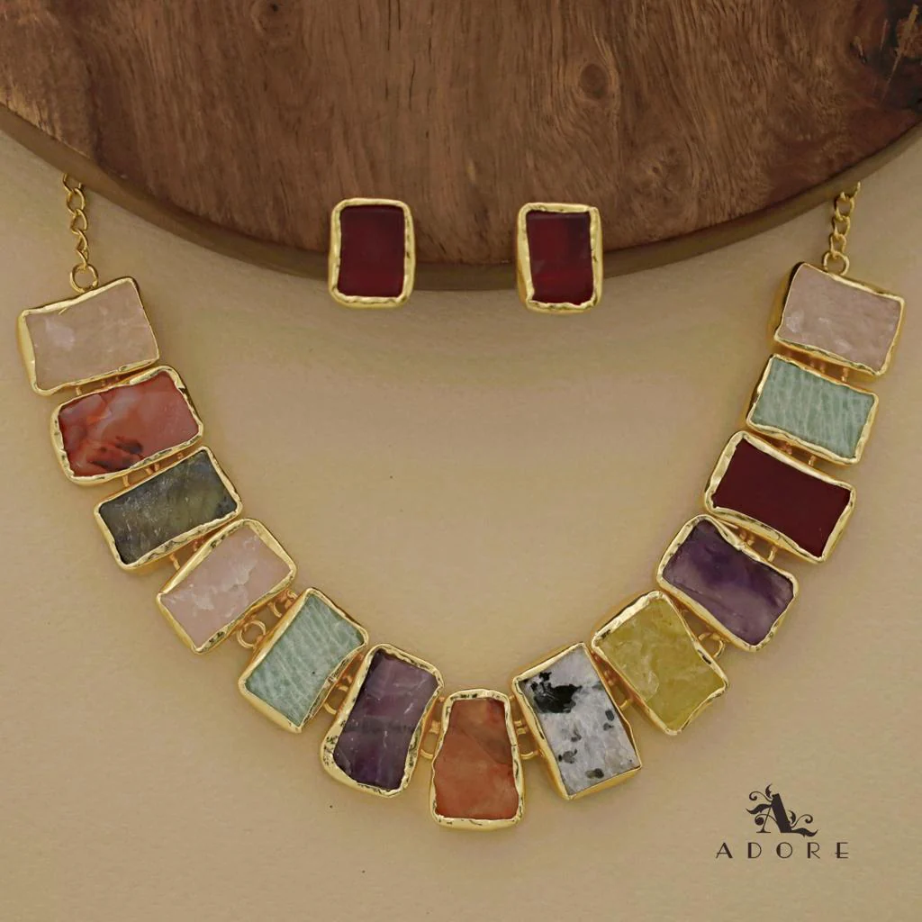 Rushika Rectangle Raw Stone Short Neckpiece With Stud - Image 14