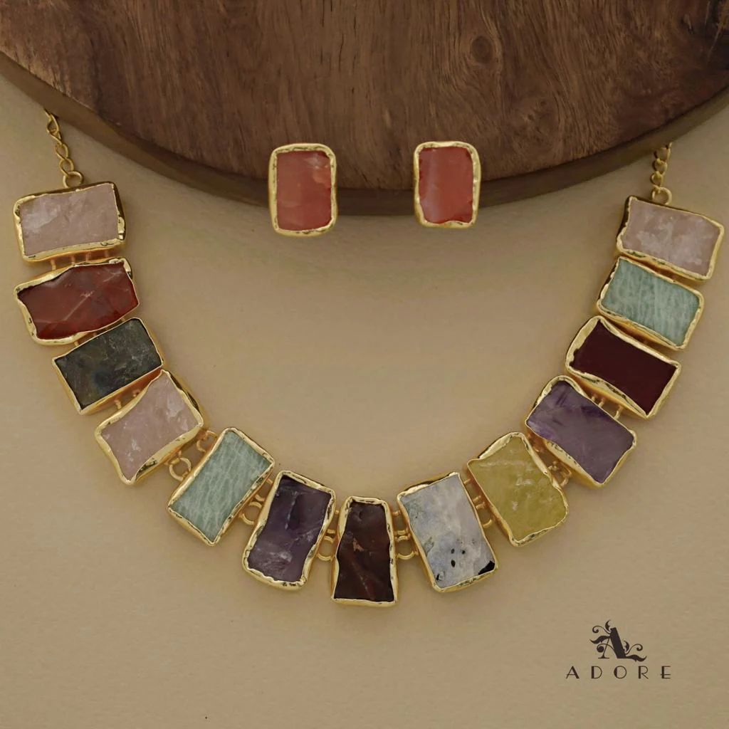 Rushika Rectangle Raw Stone Short Neckpiece With Stud - Image 15