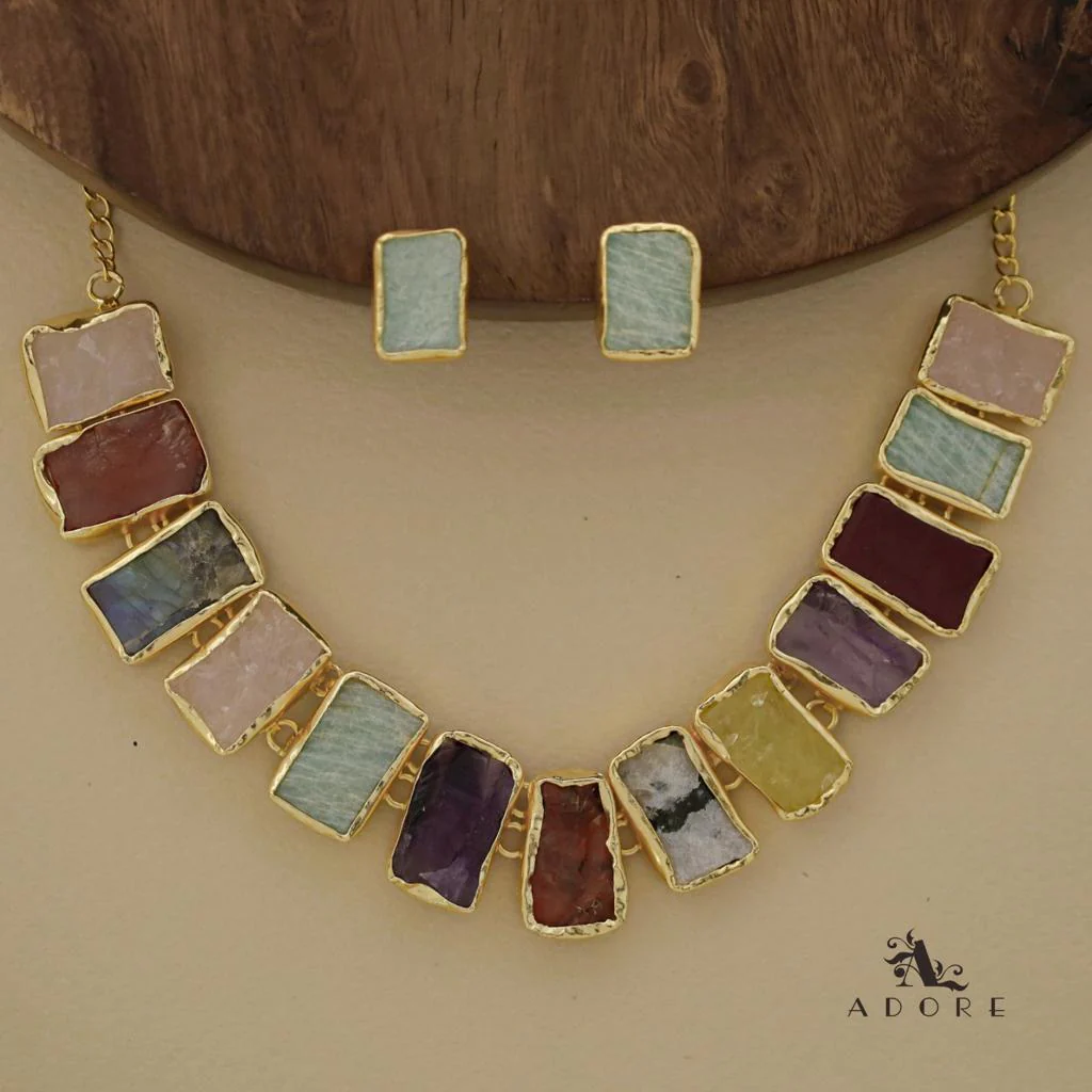 Rushika Rectangle Raw Stone Short Neckpiece With Stud - Image 18