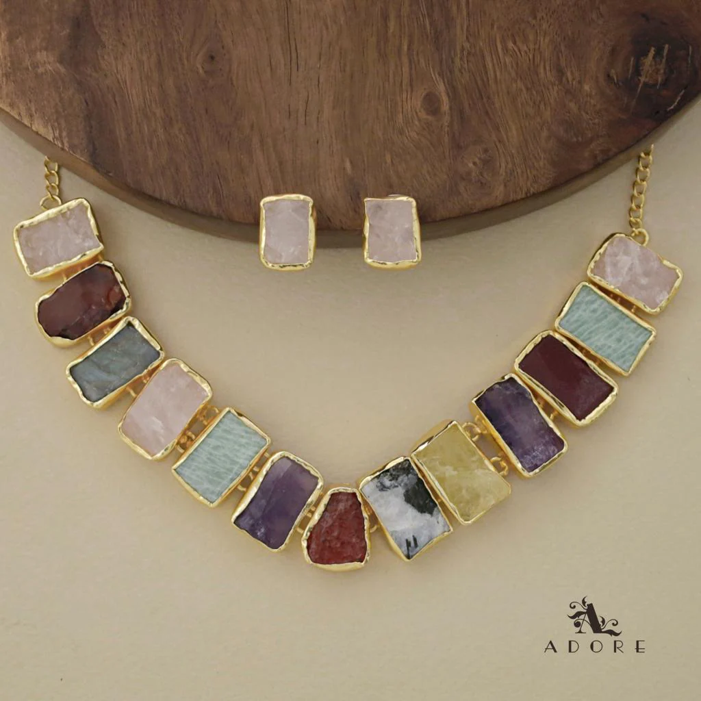 Rushika Rectangle Raw Stone Short Neckpiece With Stud - Image 23