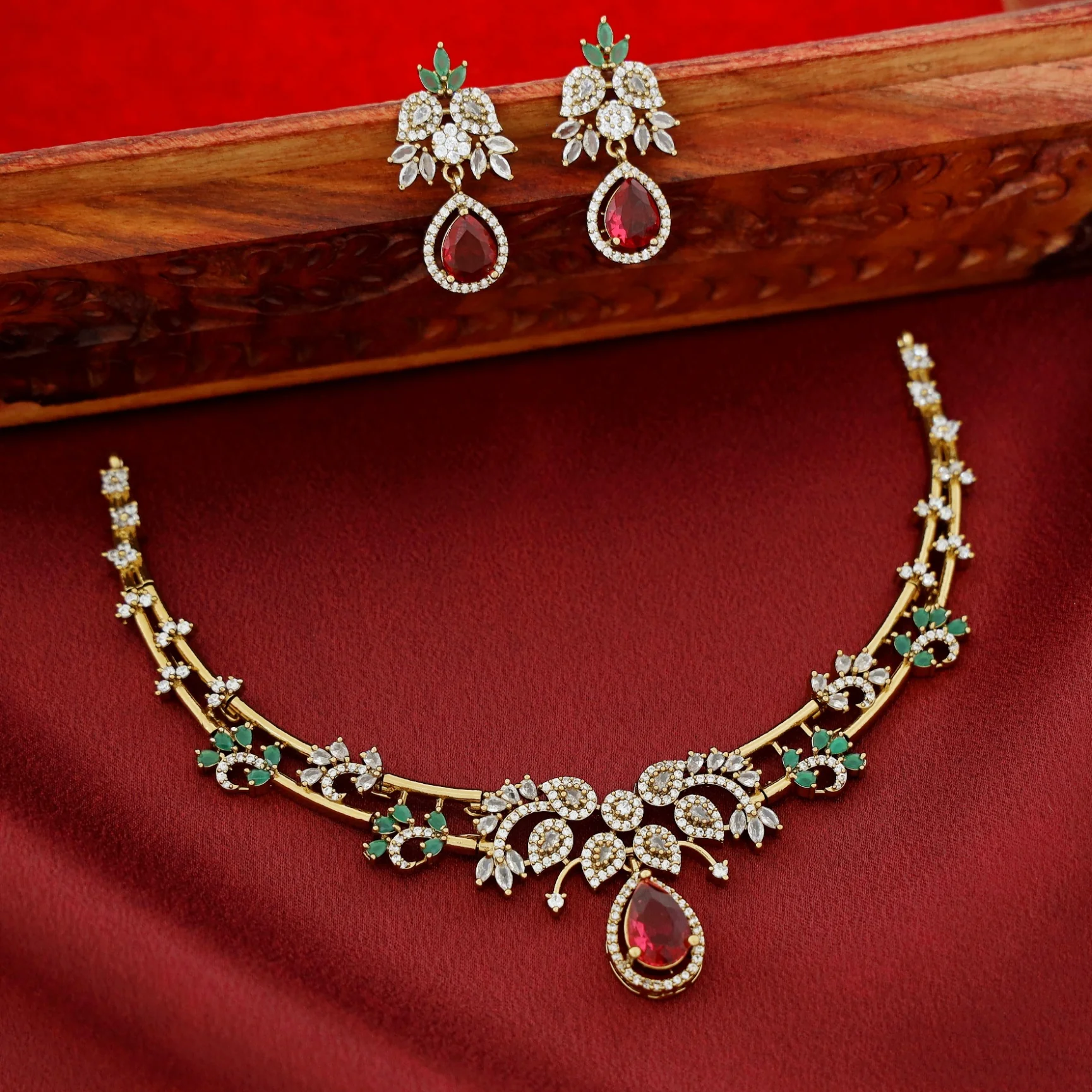 Premium Saanvika AD Stone Stiff Neckpiece With Earring - Image 2