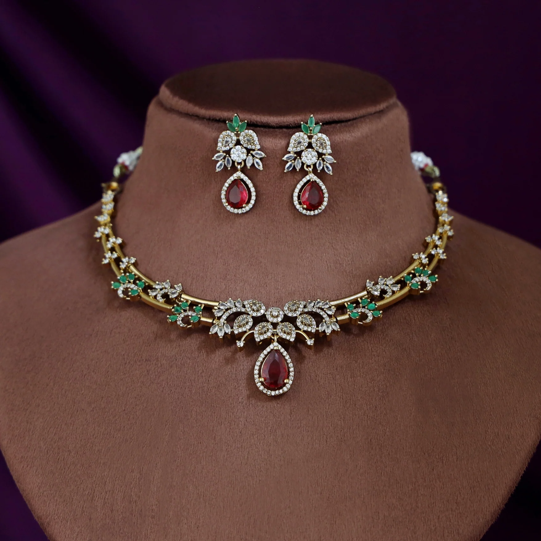 Premium Saanvika AD Stone Stiff Neckpiece With Earring - Image 3