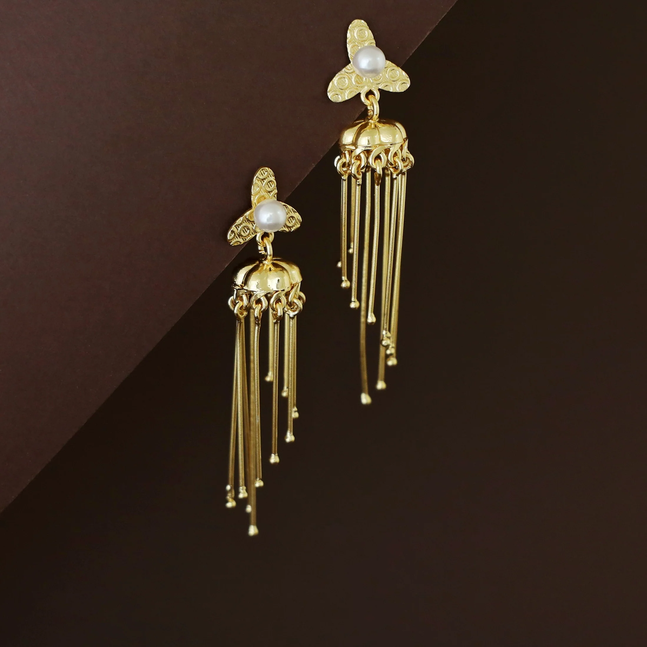 Sachika Golden Flower Pearl Jhumka Stick Earring - Image 2