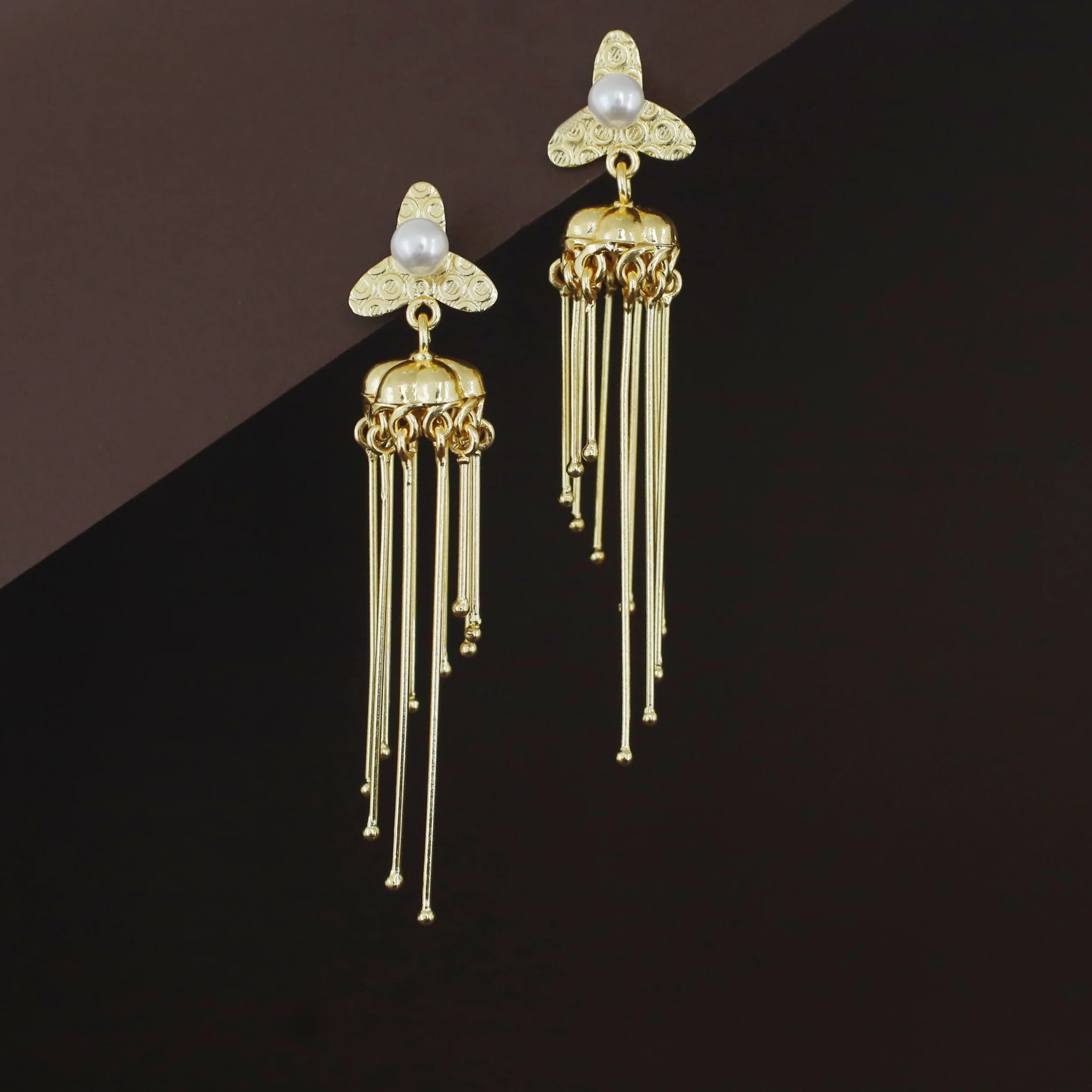 Sachika Golden Flower Pearl Jhumka Stick Earring - Image 3
