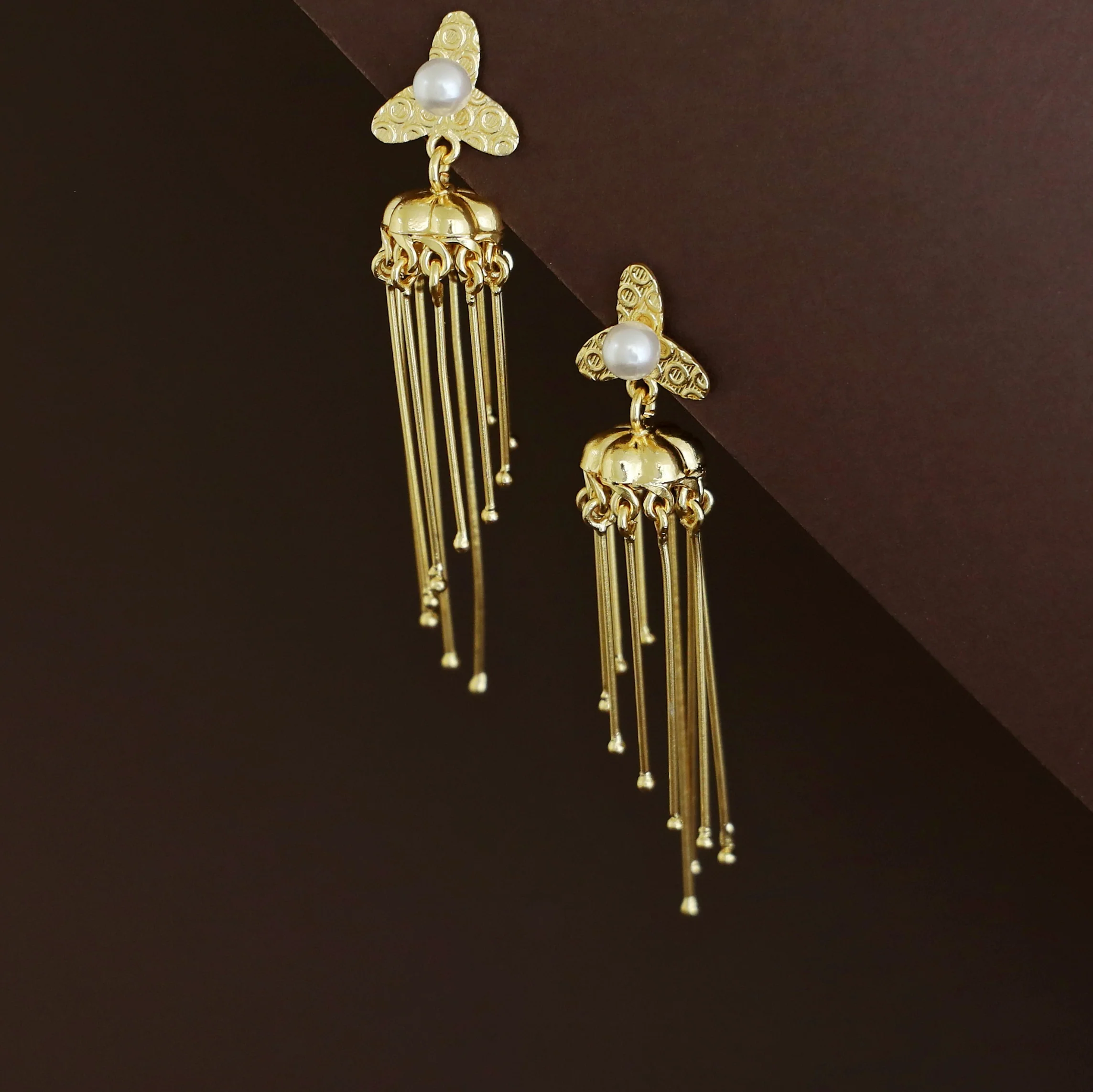 Sachika Golden Flower Pearl Jhumka Stick Earring - Image 4