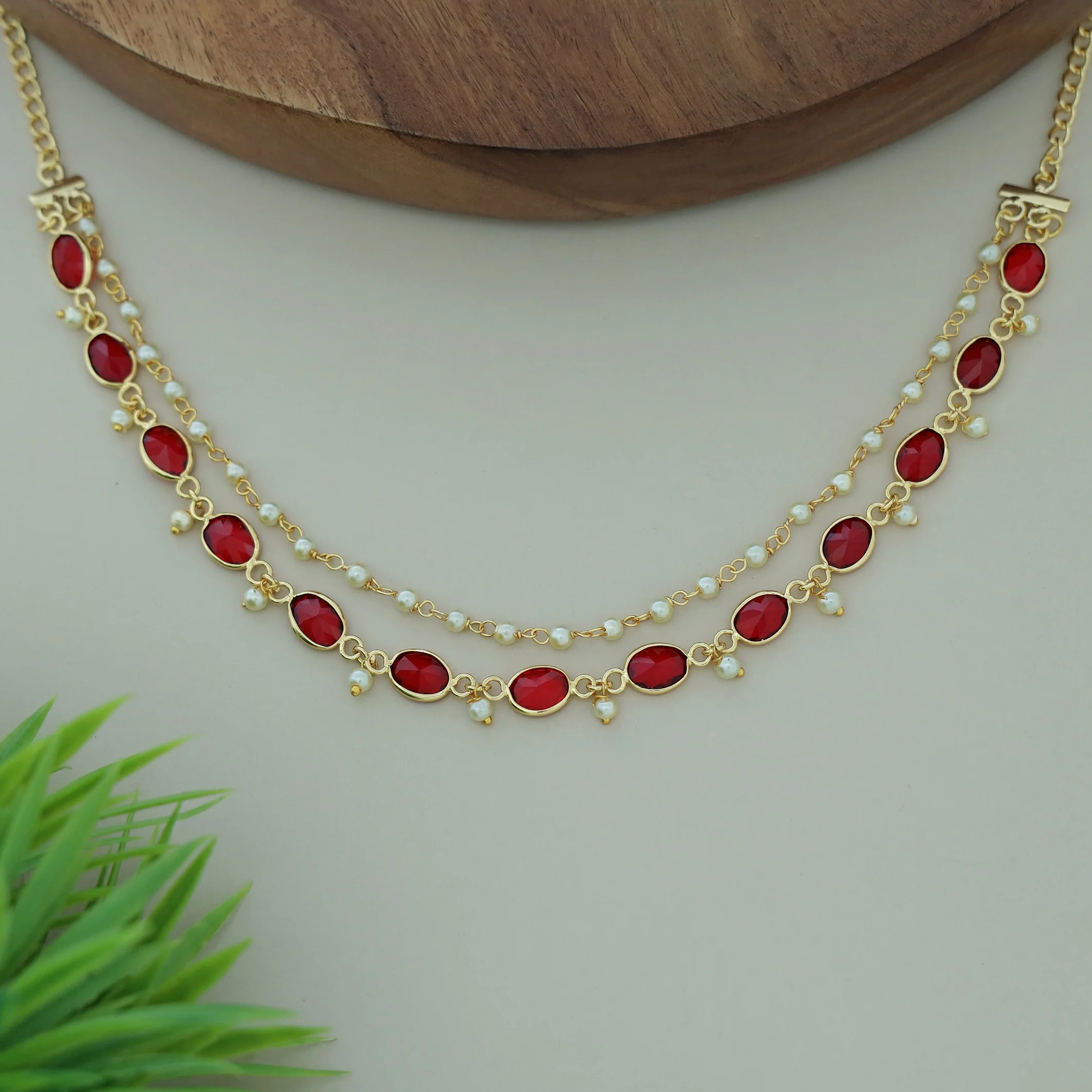 Carly Pearl 2 Layer Oval Glossy Stone Neckpiece - Image 2