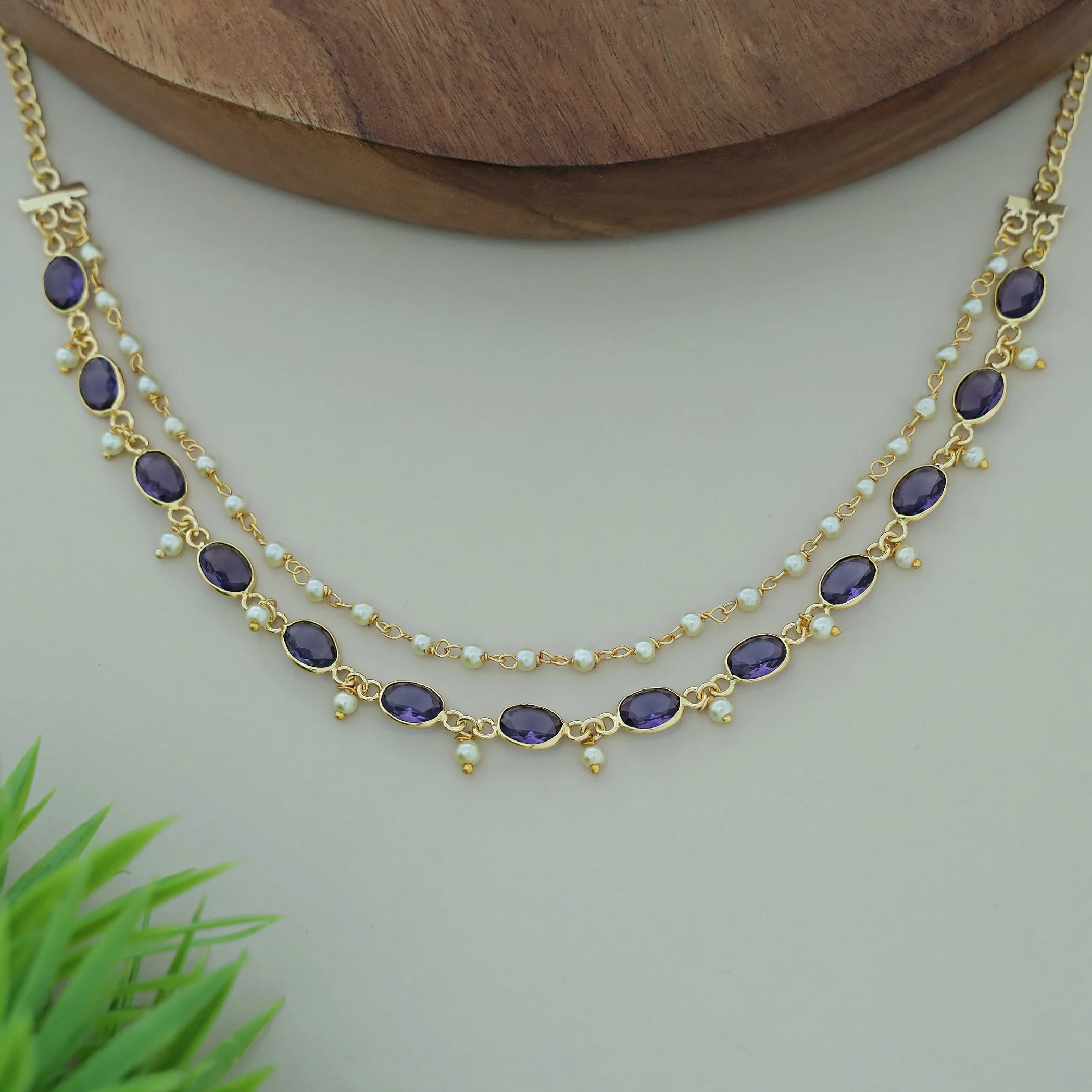 Carly Pearl 2 Layer Oval Glossy Stone Neckpiece - Image 5