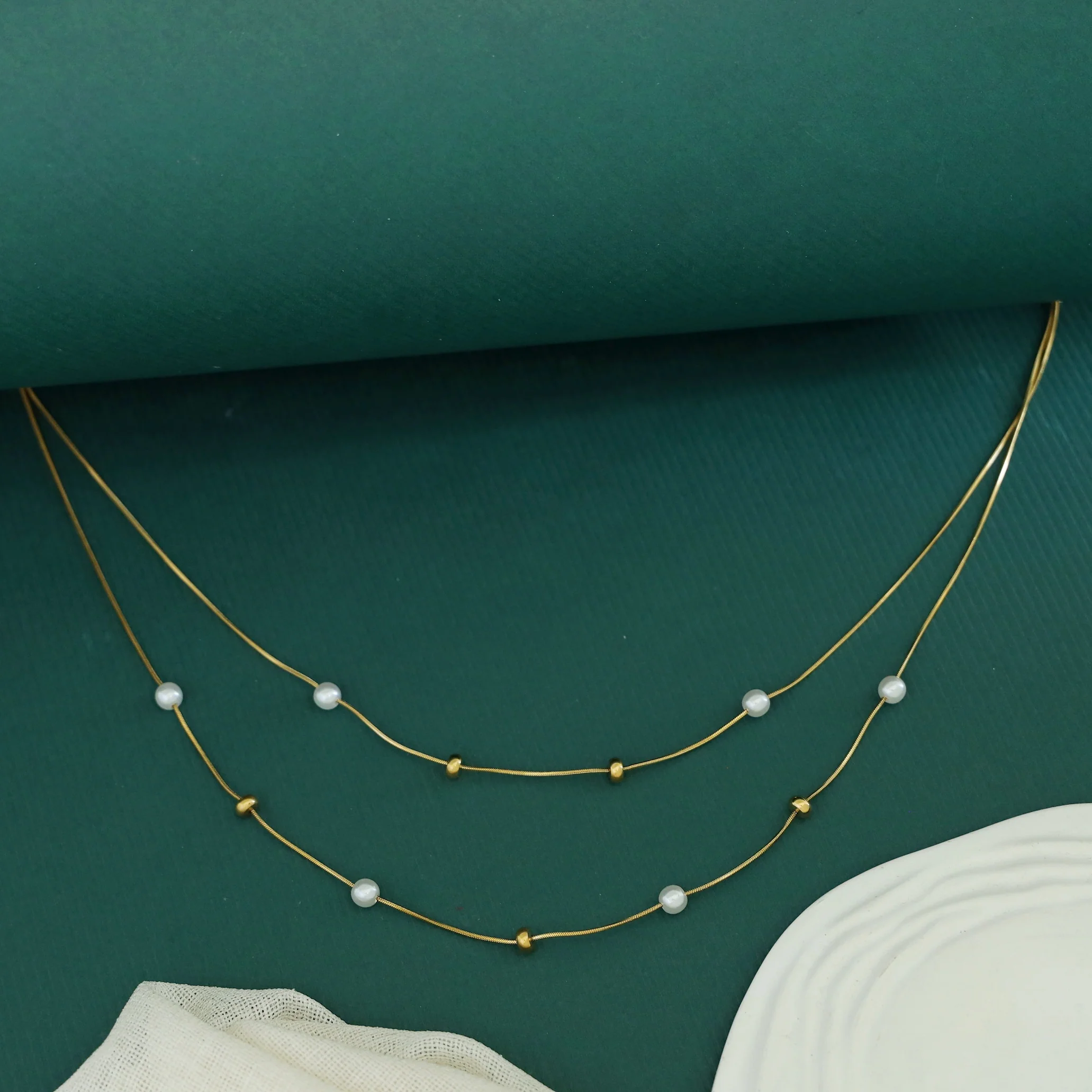 Sandy Golden Beaded Pearl 2 Layer Neckpiece - Image 2