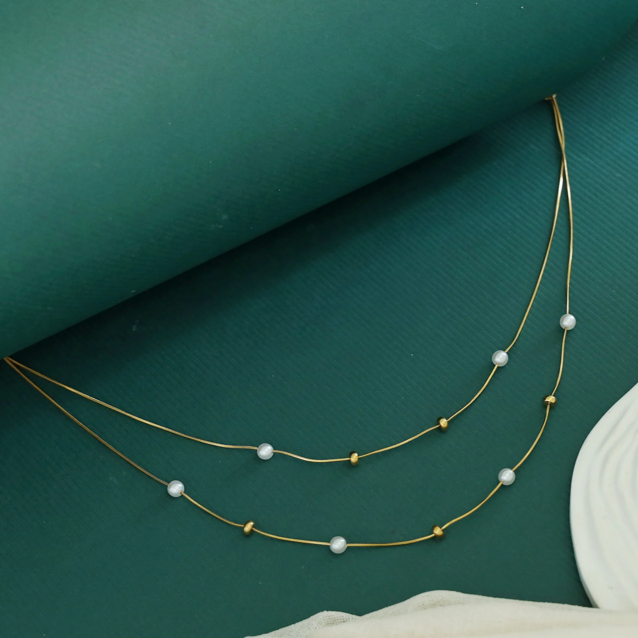 Sandy Golden Beaded Pearl 2 Layer Neckpiece - Image 3