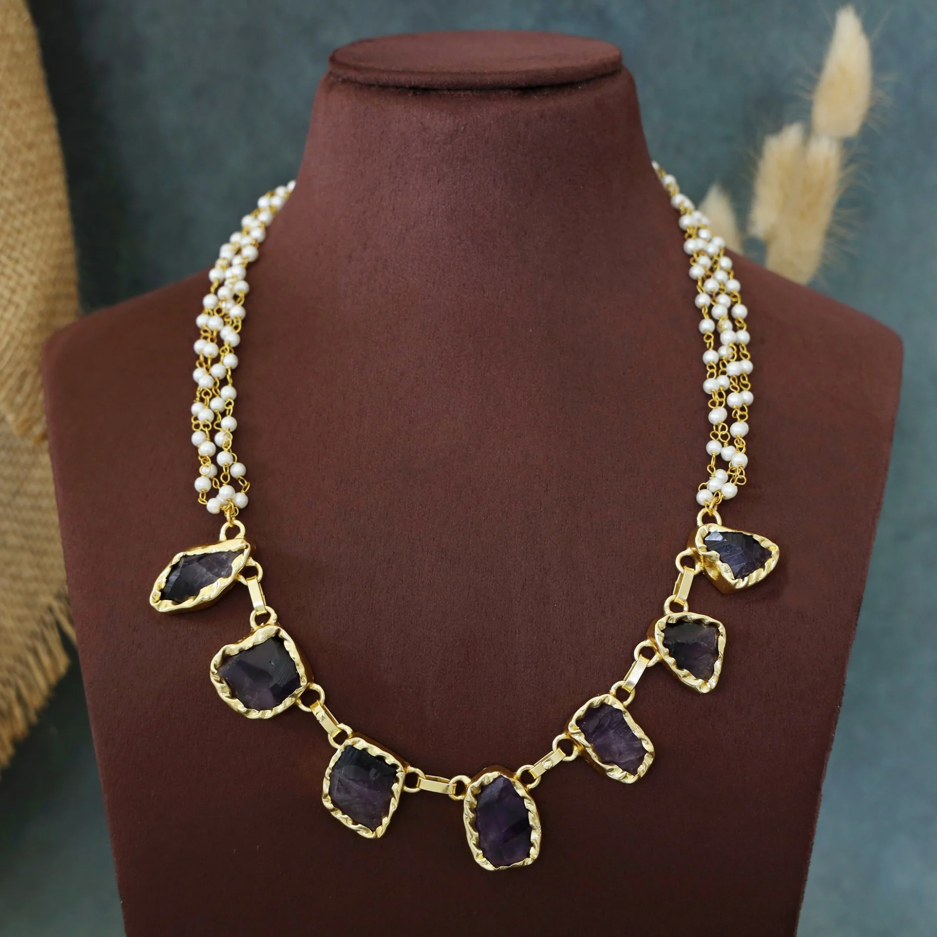 Savitha 4 Layer Carly Pearl Raw Stone Neckpiece - Image 4
