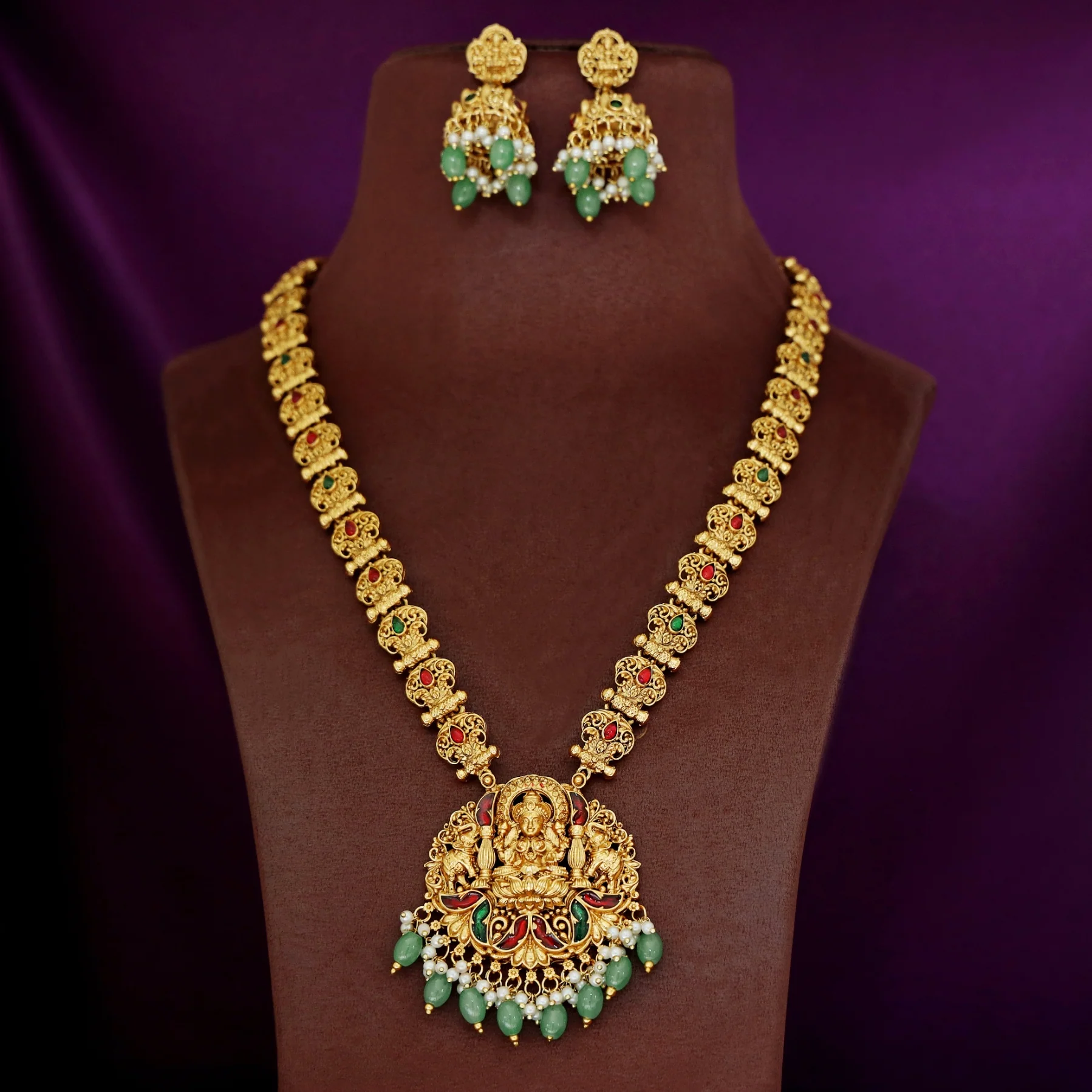 Savitri Devi Golden Stick Long Haram Neckpiece With Earring - Image 2