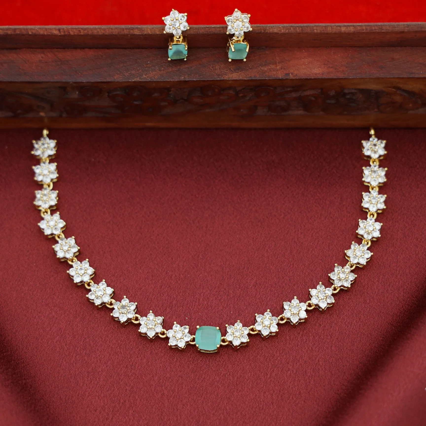 Sayali Flower AD Stone Curved Square  Short Neckpiece/Choker With Earring - Image 2