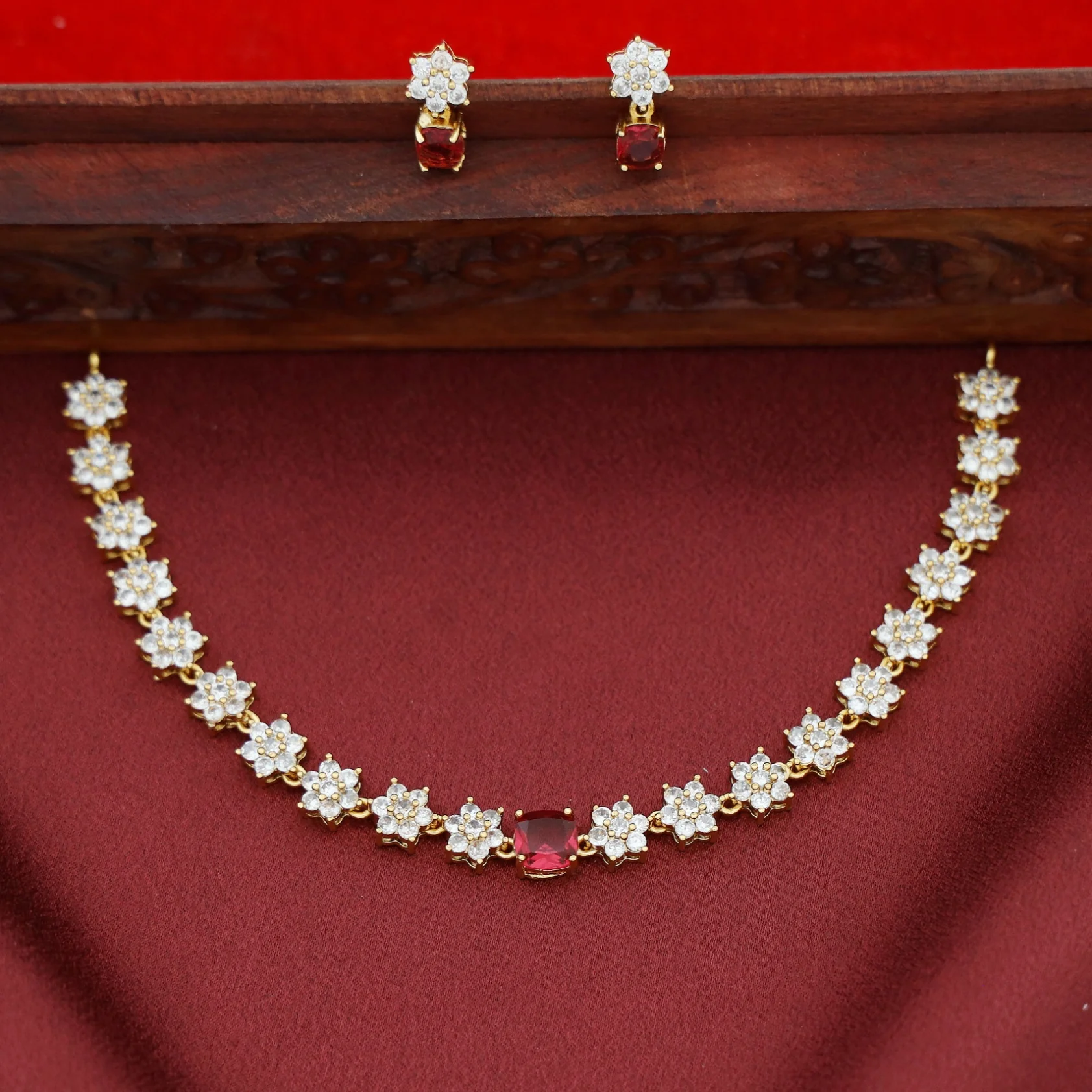 Sayali Flower AD Stone Curved Square  Short Neckpiece/Choker With Earring - Image 3
