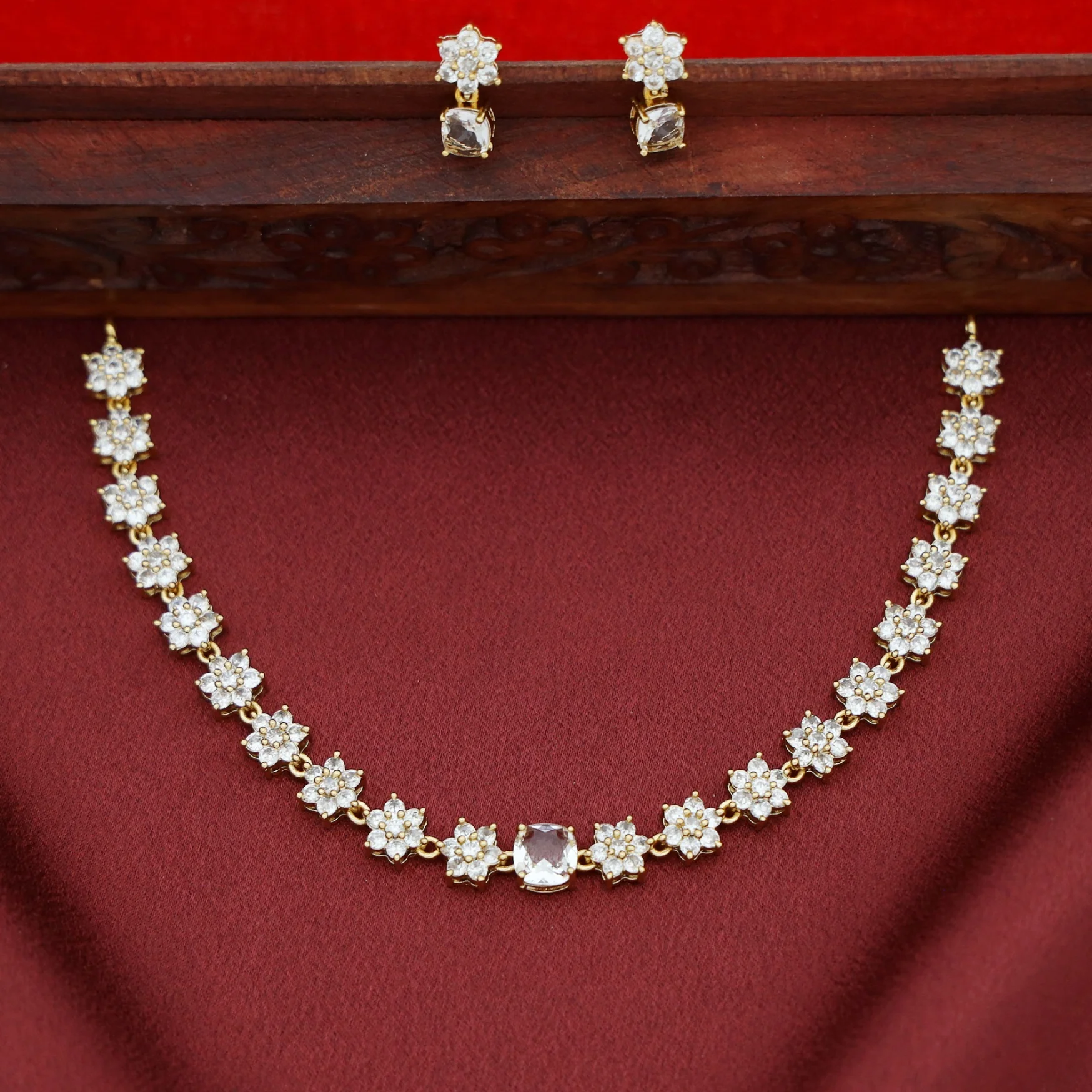 Sayali Flower AD Stone Curved Square  Short Neckpiece/Choker With Earring - Image 4
