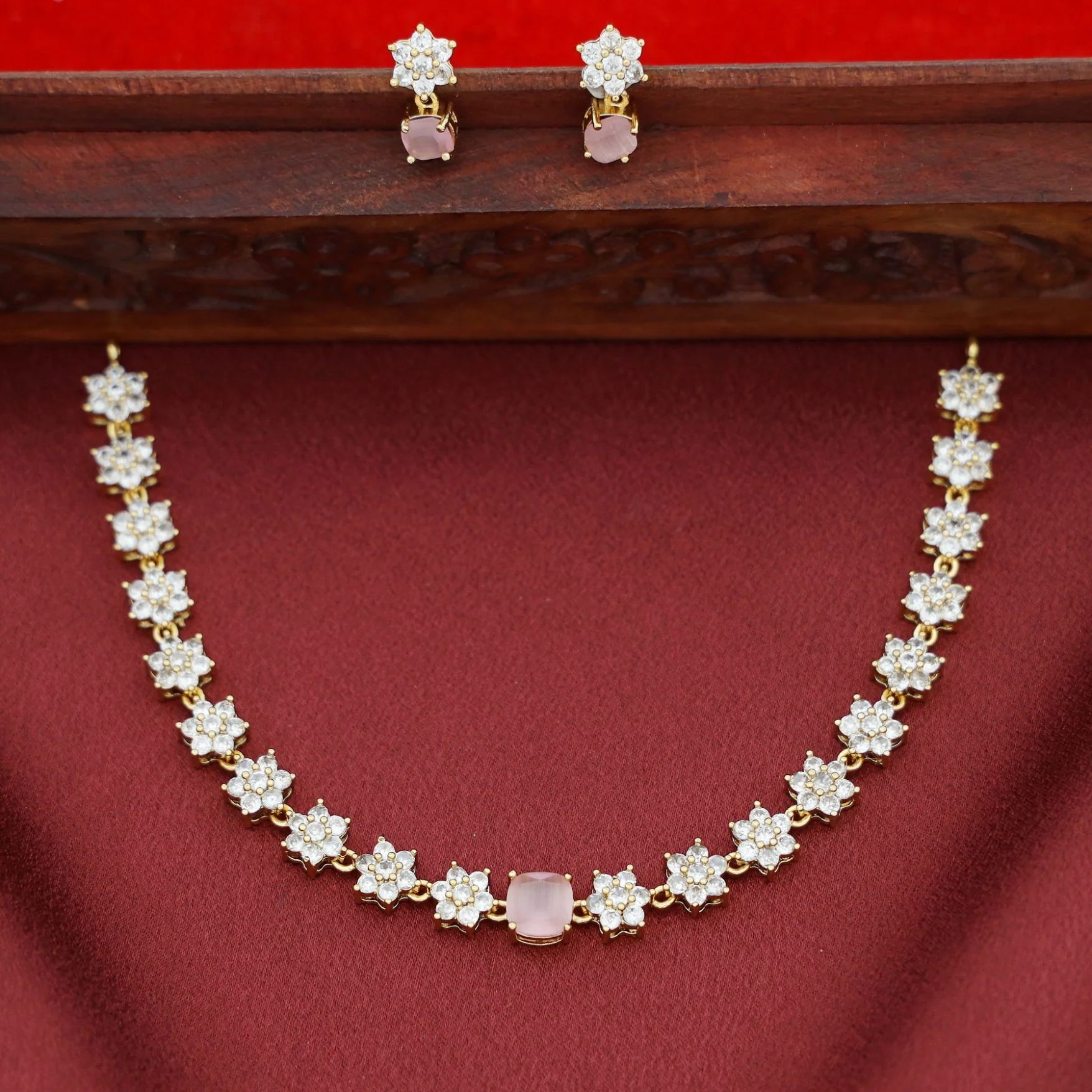 Sayali Flower AD Stone Curved Square  Short Neckpiece/Choker With Earring - Image 5