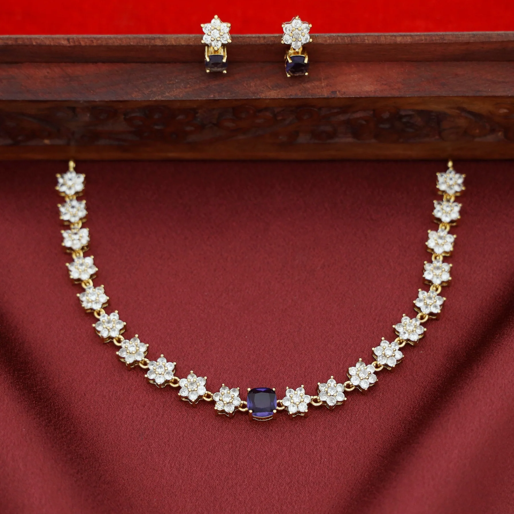 Sayali Flower AD Stone Curved Square  Short Neckpiece/Choker With Earring - Image 6