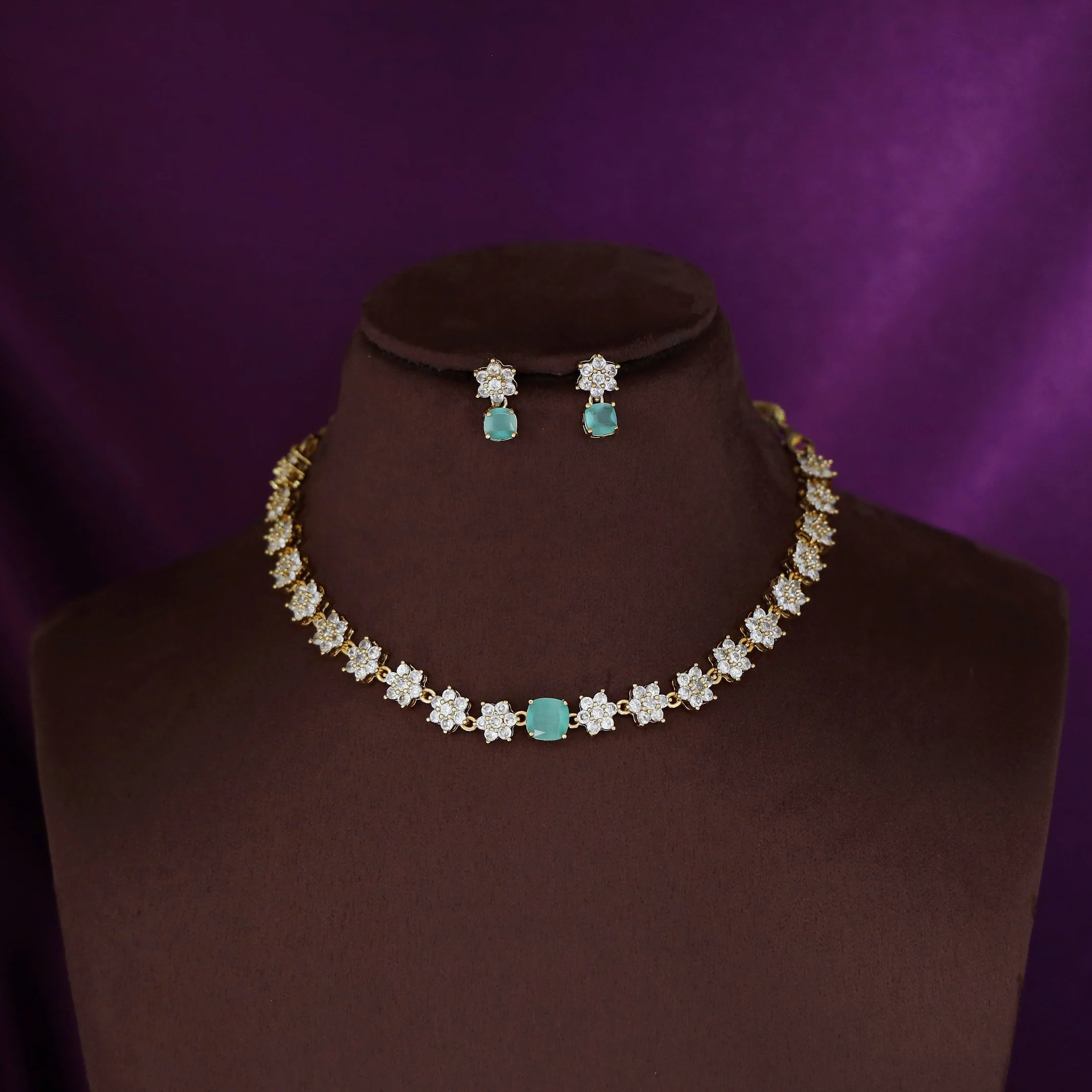 Sayali Flower AD Stone Curved Square  Short Neckpiece/Choker With Earring - Image 7