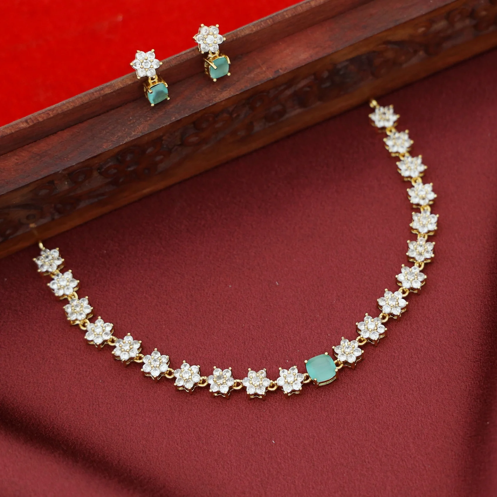 Sayali Flower AD Stone Curved Square  Short Neckpiece/Choker With Earring - Image 8