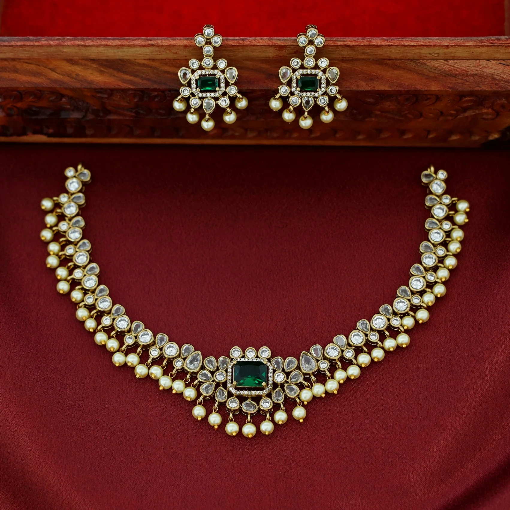Sayara AD Stone Pearl Short Neckpiece With Earring - Image 2