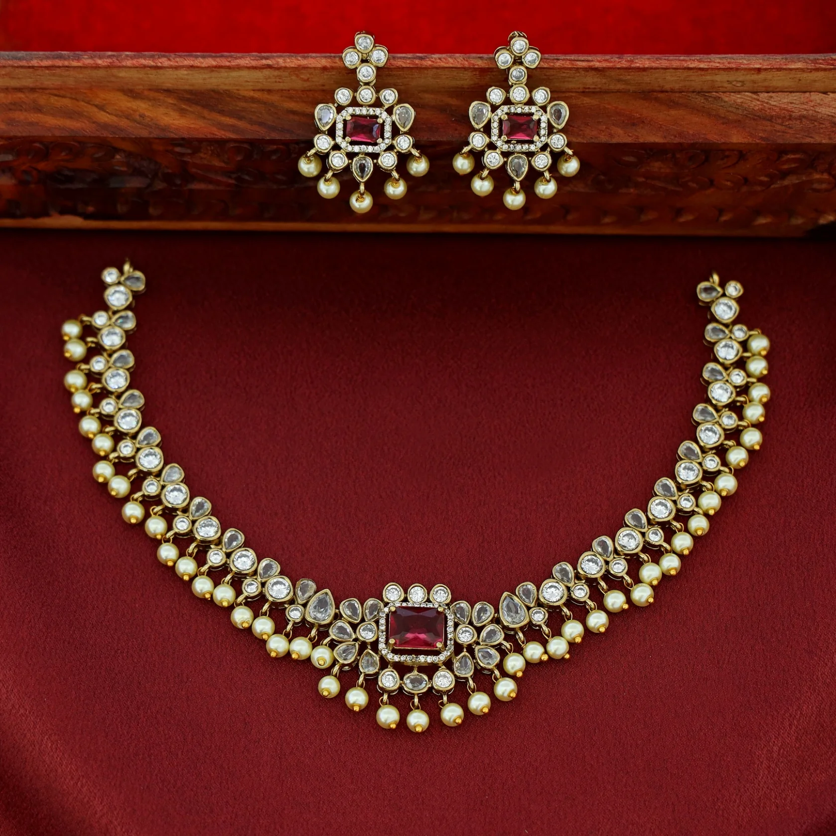 Sayara AD Stone Pearl Short Neckpiece With Earring - Image 3