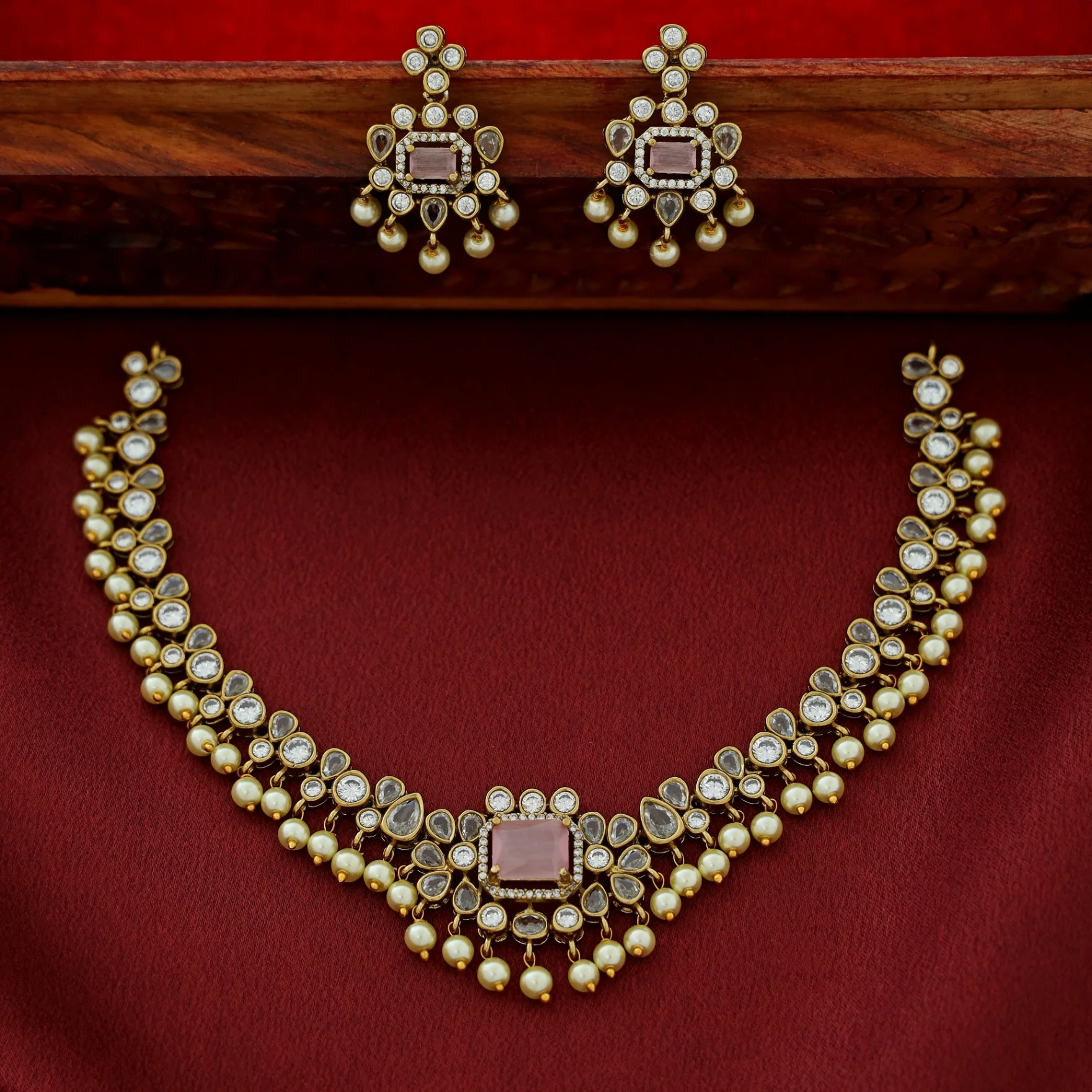 Sayara AD Stone Pearl Short Neckpiece With Earring - Image 5