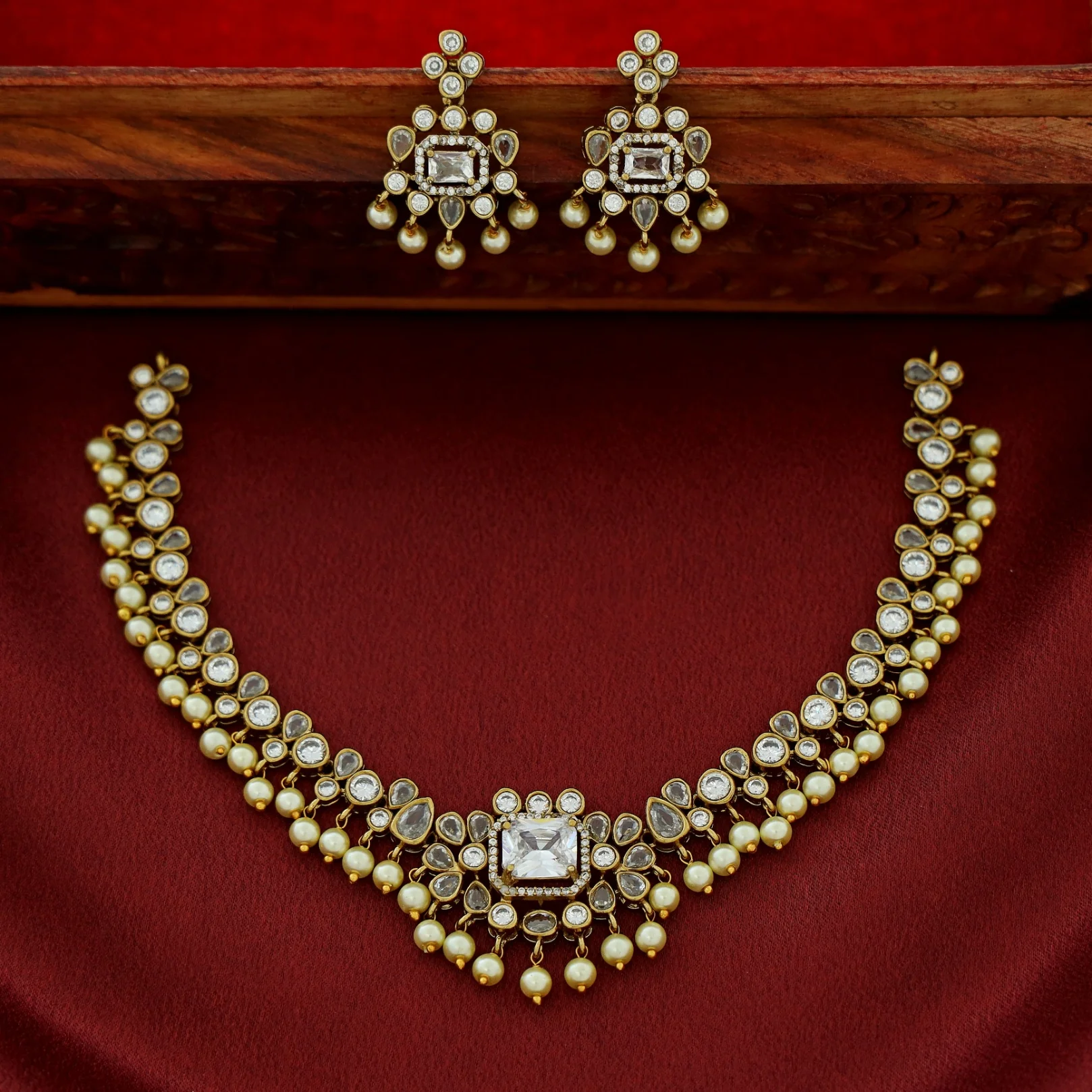 Sayara AD Stone Pearl Short Neckpiece With Earring - Image 6