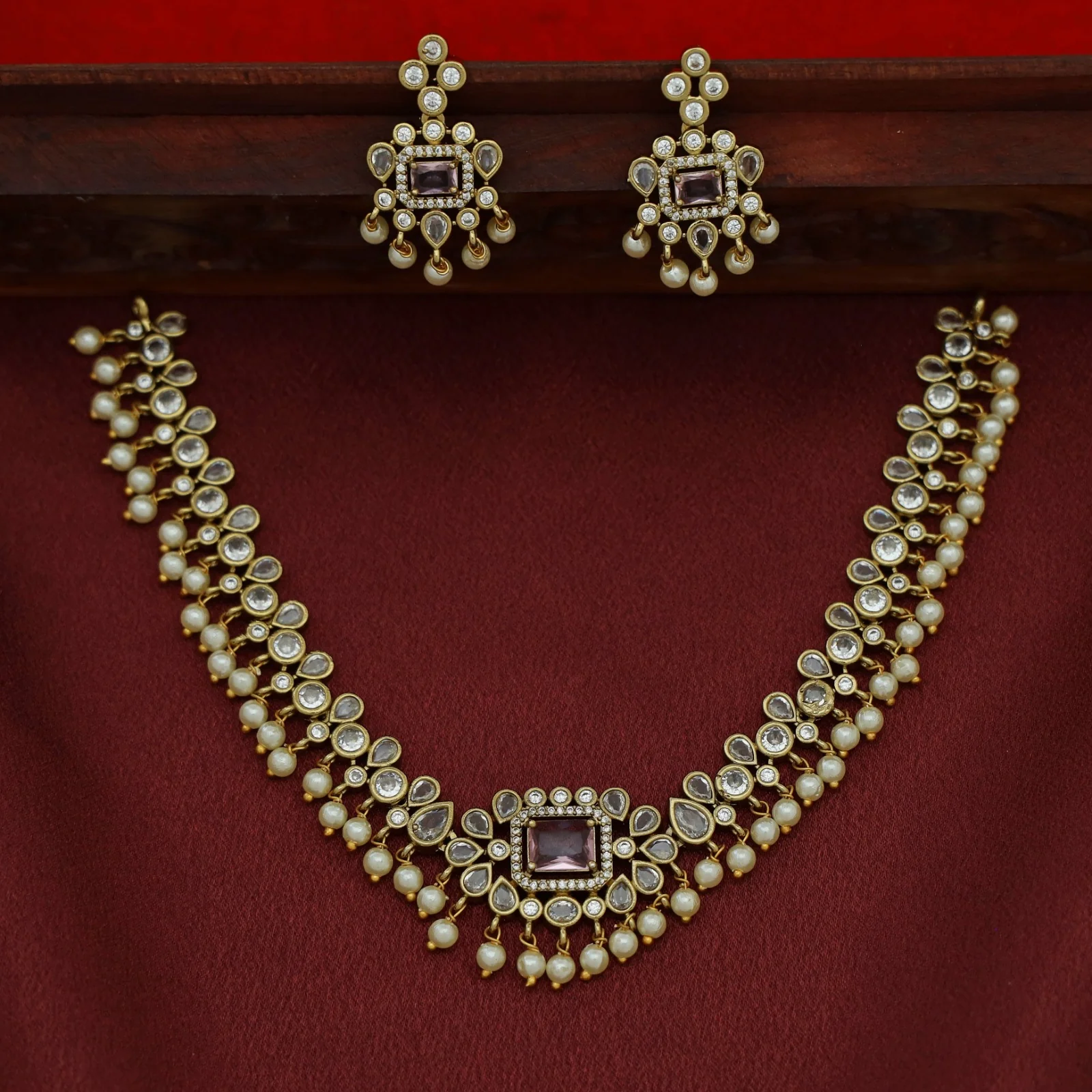 Sayara AD Stone Pearl Short Neckpiece With Earring - Image 7