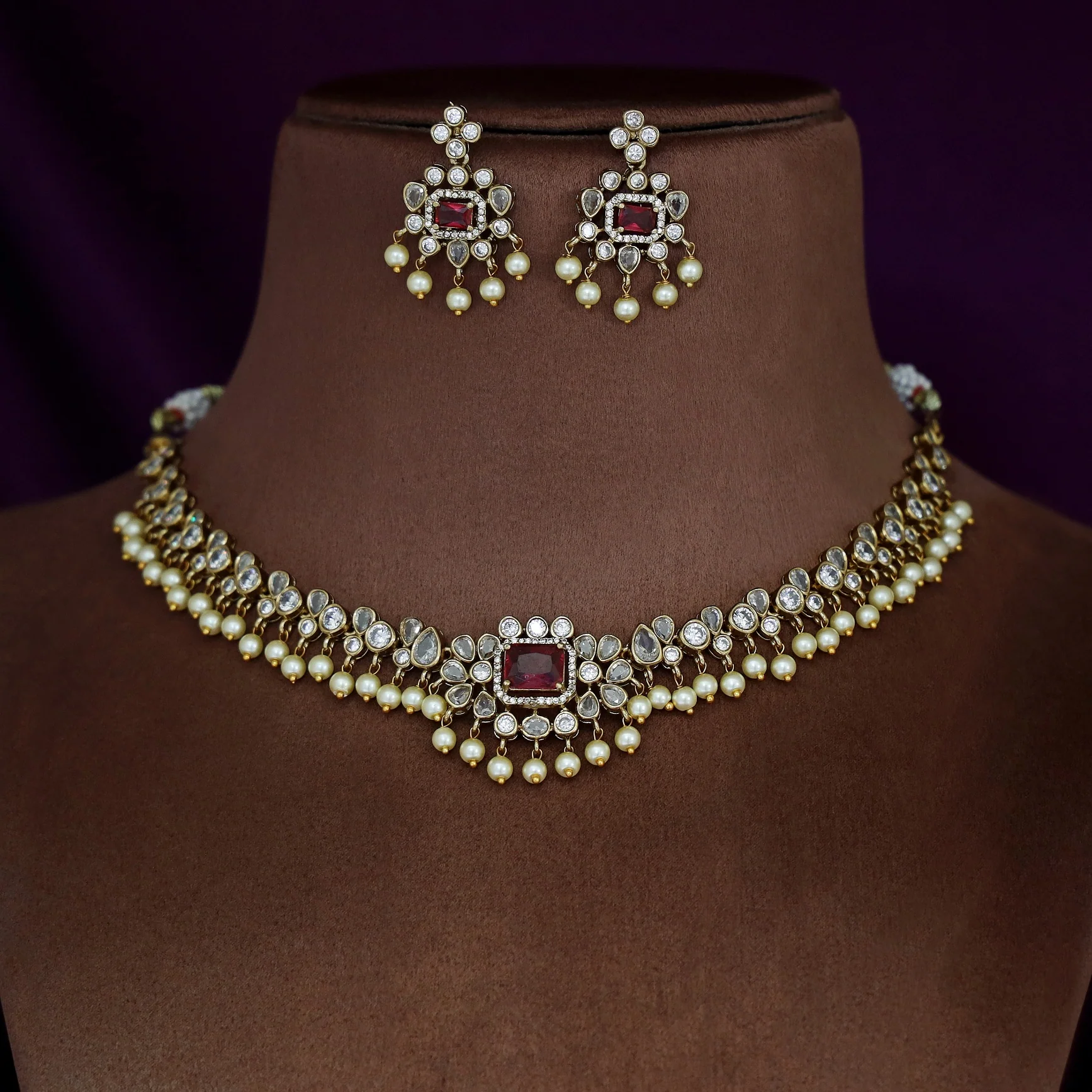 Sayara AD Stone Pearl Short Neckpiece With Earring - Image 8