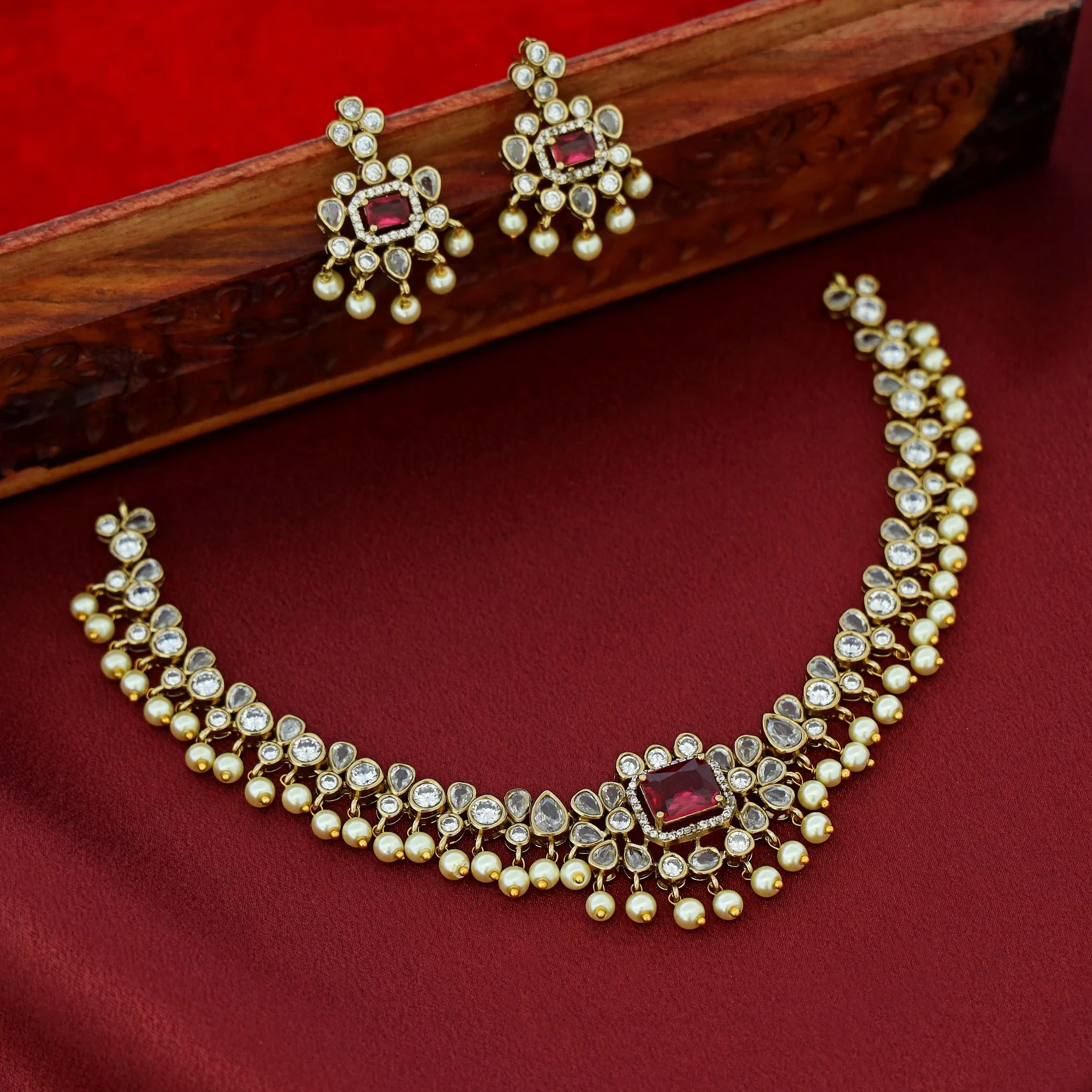 Sayara AD Stone Pearl Short Neckpiece With Earring - Image 9