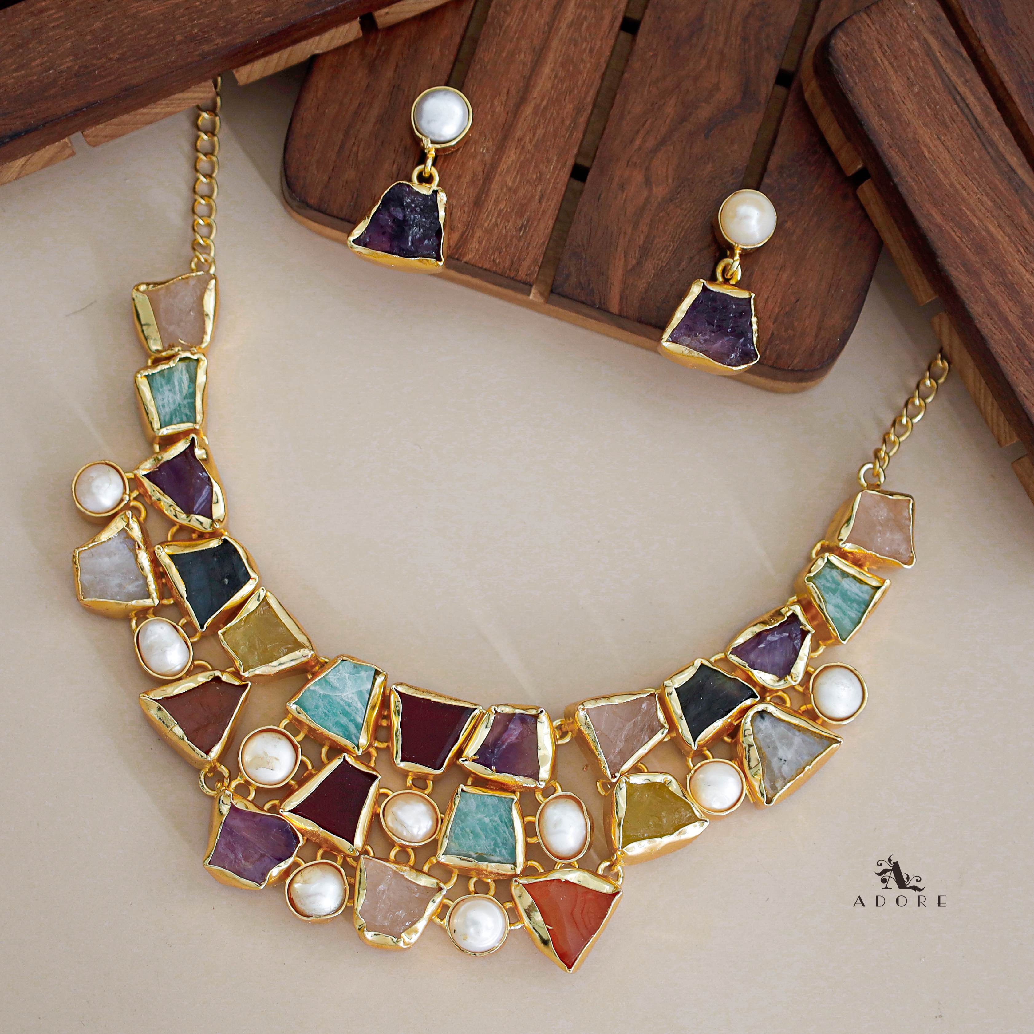 Scarlett Raw Stone + Pearl Neckpiece With Earring - Image 3