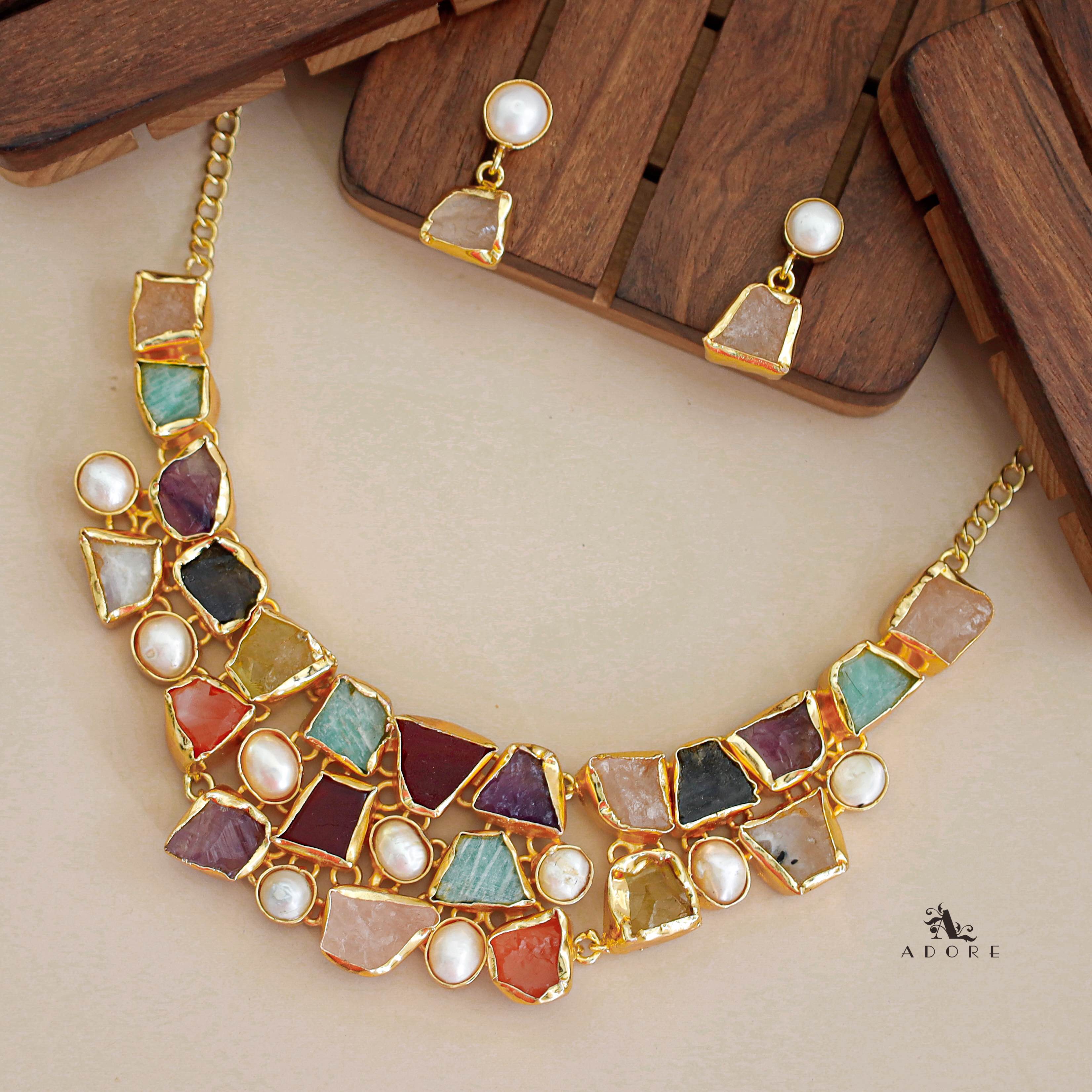 Scarlett Raw Stone + Pearl Neckpiece With Earring - Image 4
