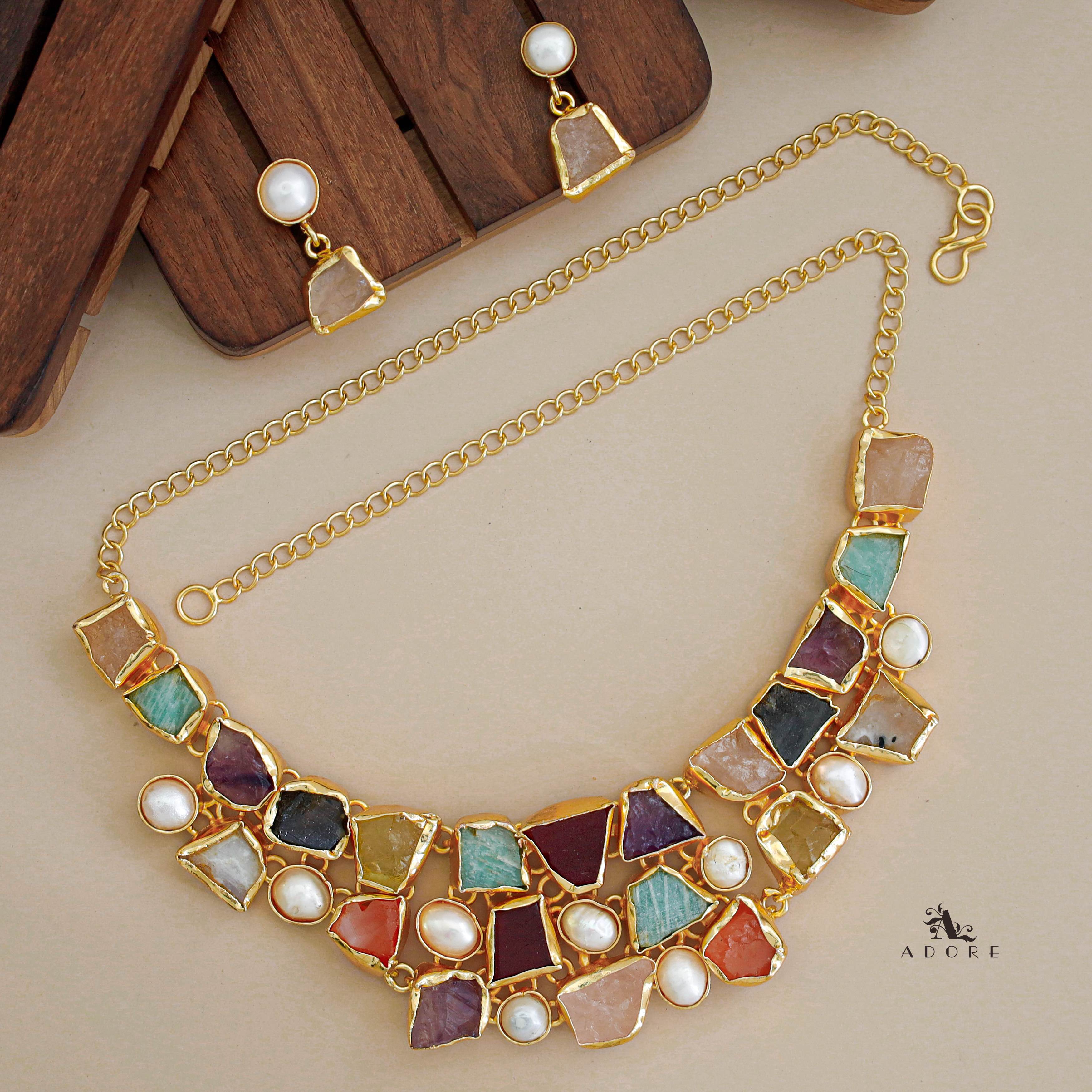 Scarlett Raw Stone + Pearl Neckpiece With Earring - Image 5