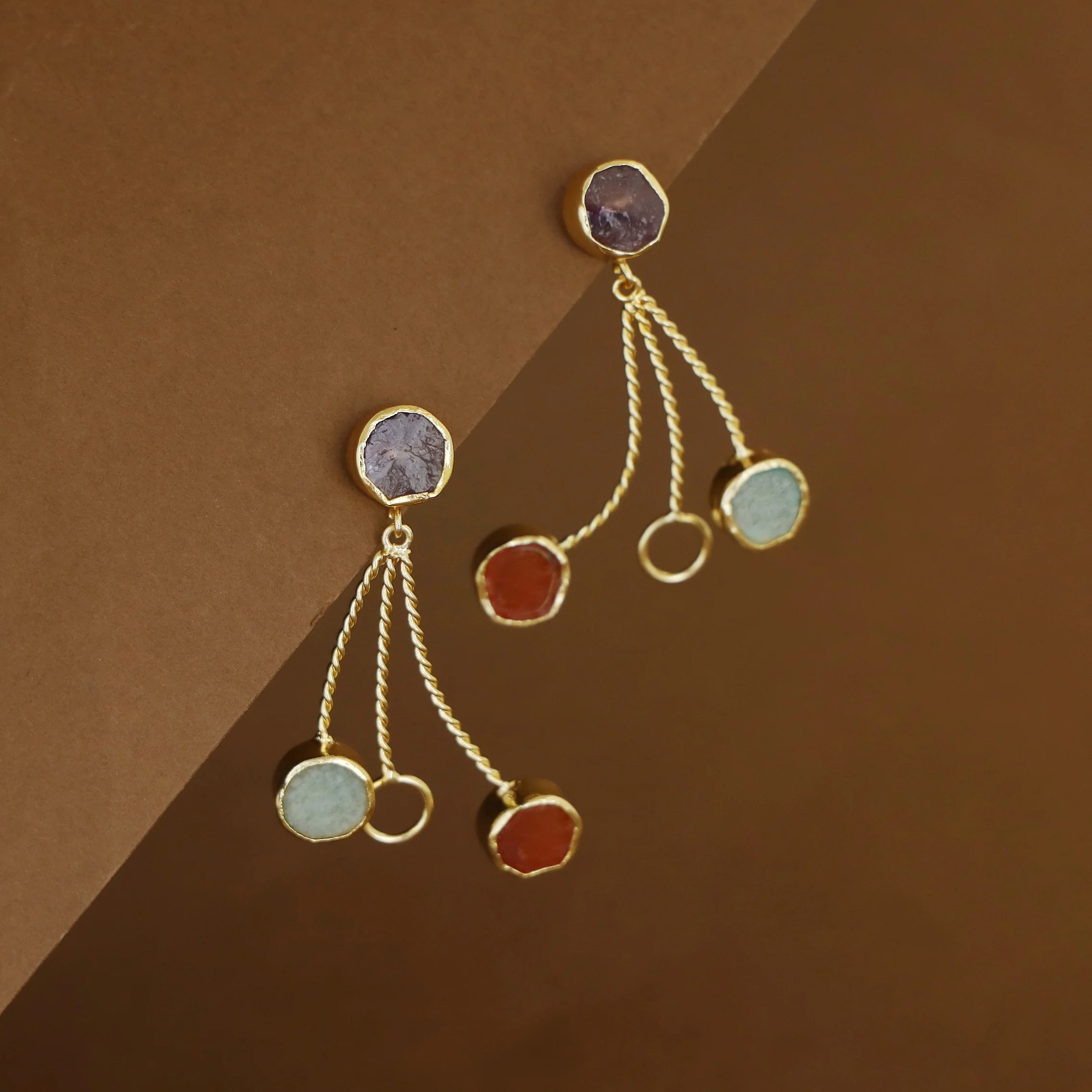 Seraphine Tri Raw Stone + Circle Golden Twisted Earring - Image 10