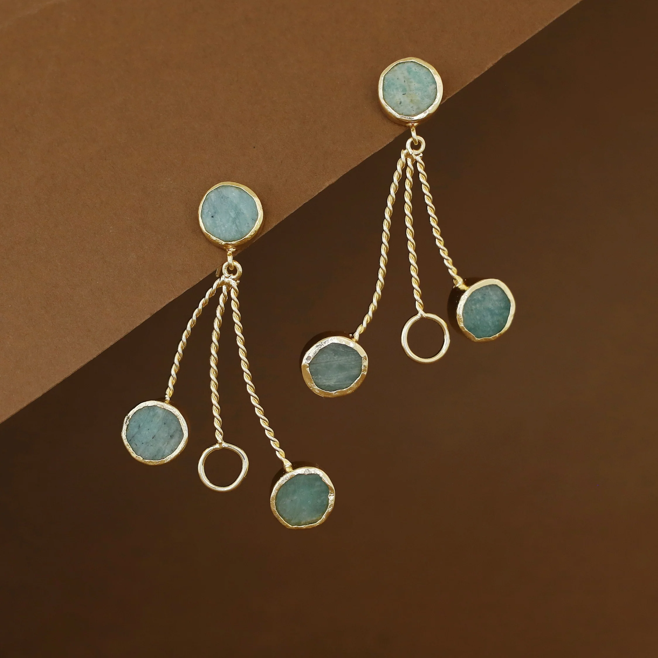 Seraphine Tri Raw Stone + Circle Golden Twisted Earring - Image 2