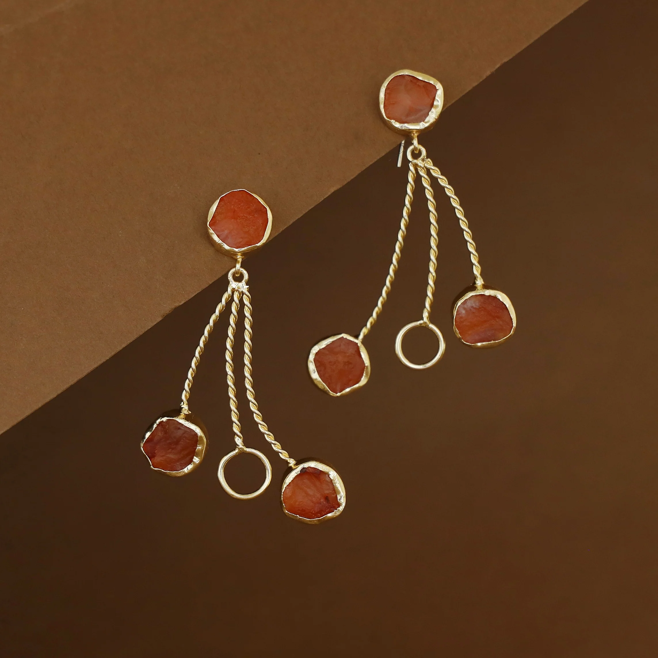 Seraphine Tri Raw Stone + Circle Golden Twisted Earring - Image 3