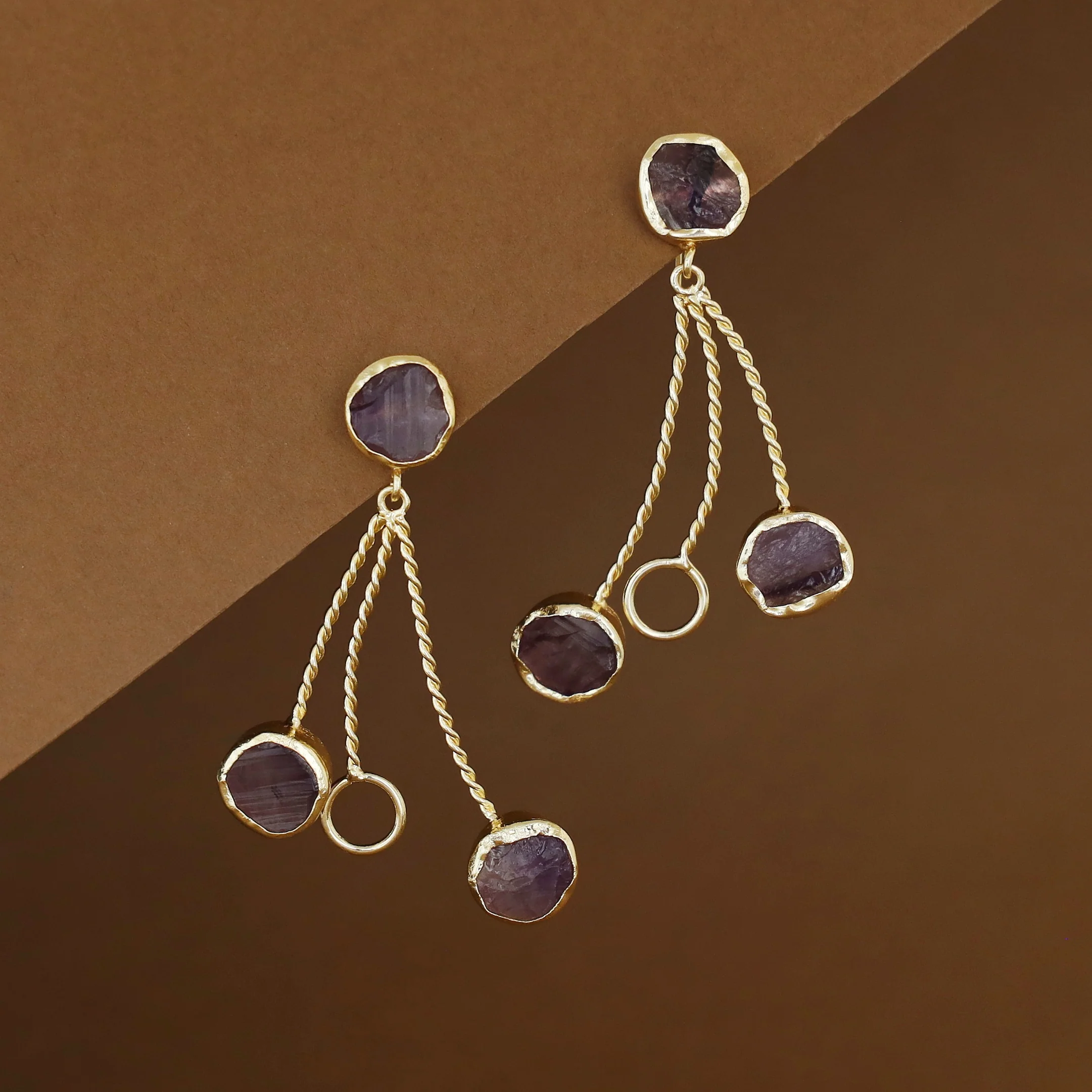 Seraphine Tri Raw Stone + Circle Golden Twisted Earring - Image 4