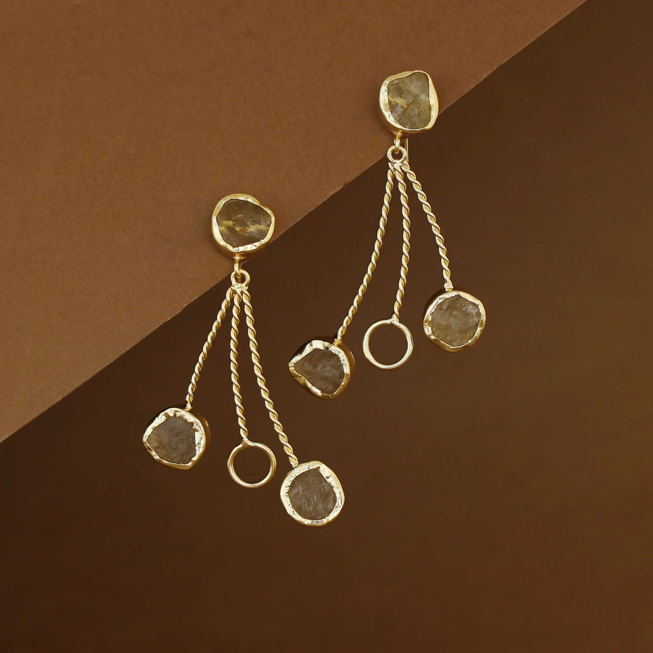 Seraphine Tri Raw Stone + Circle Golden Twisted Earring - Image 7