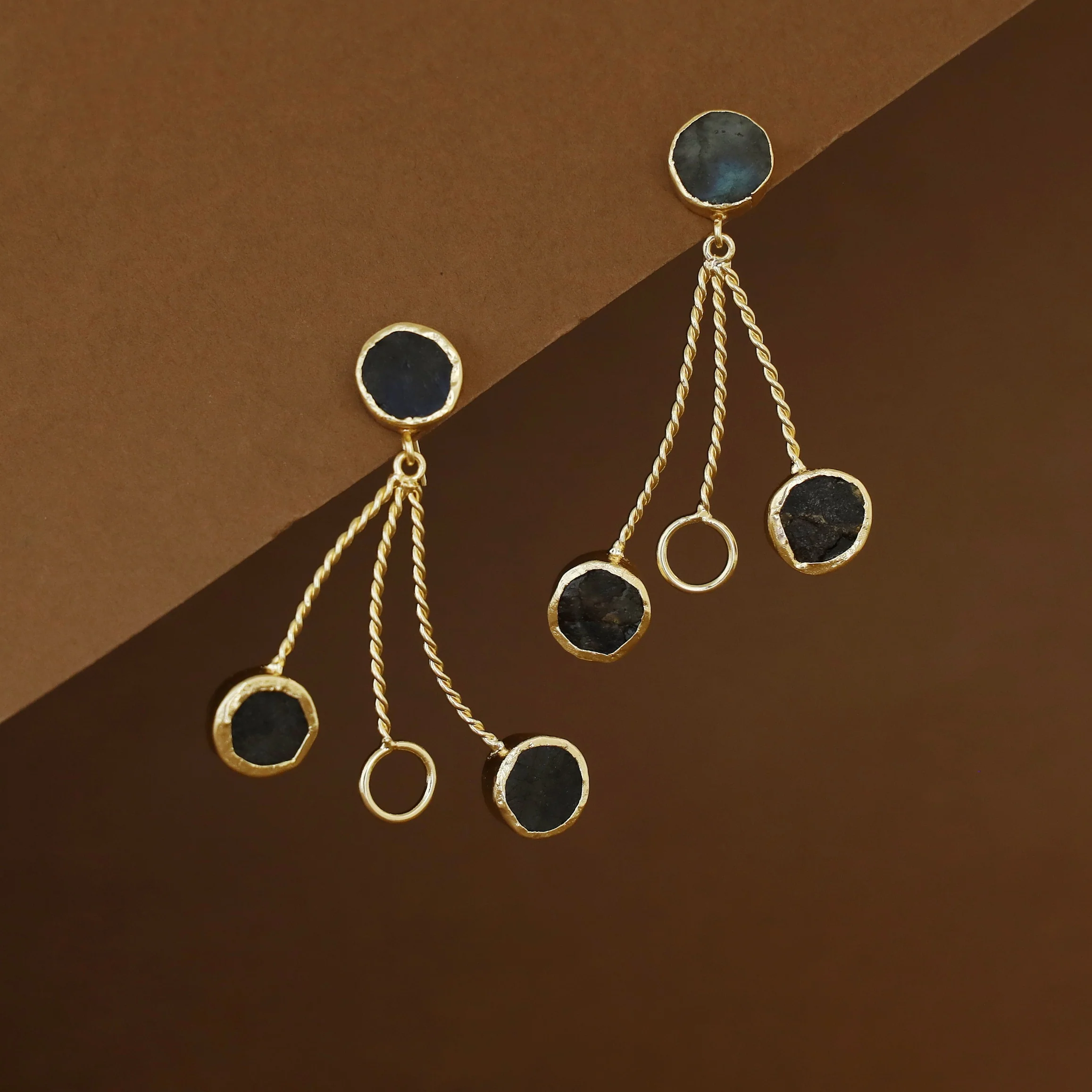 Seraphine Tri Raw Stone + Circle Golden Twisted Earring - Image 8