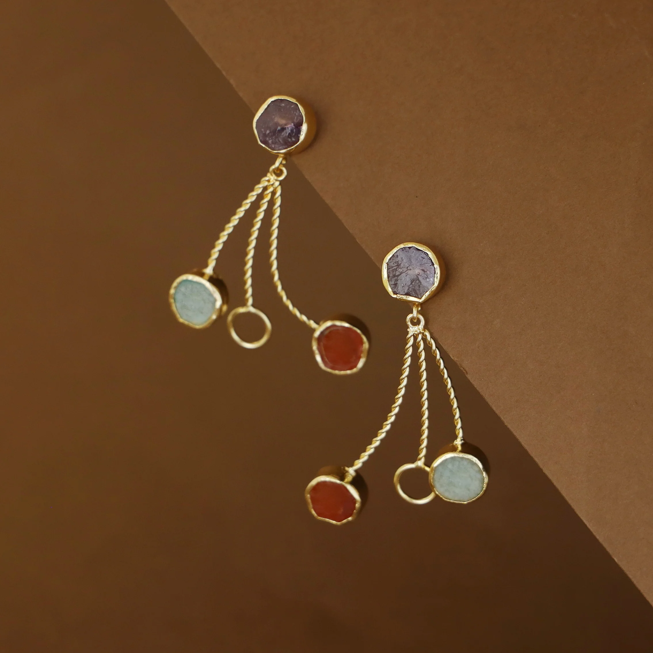 Seraphine Tri Raw Stone + Circle Golden Twisted Earring - Image 9
