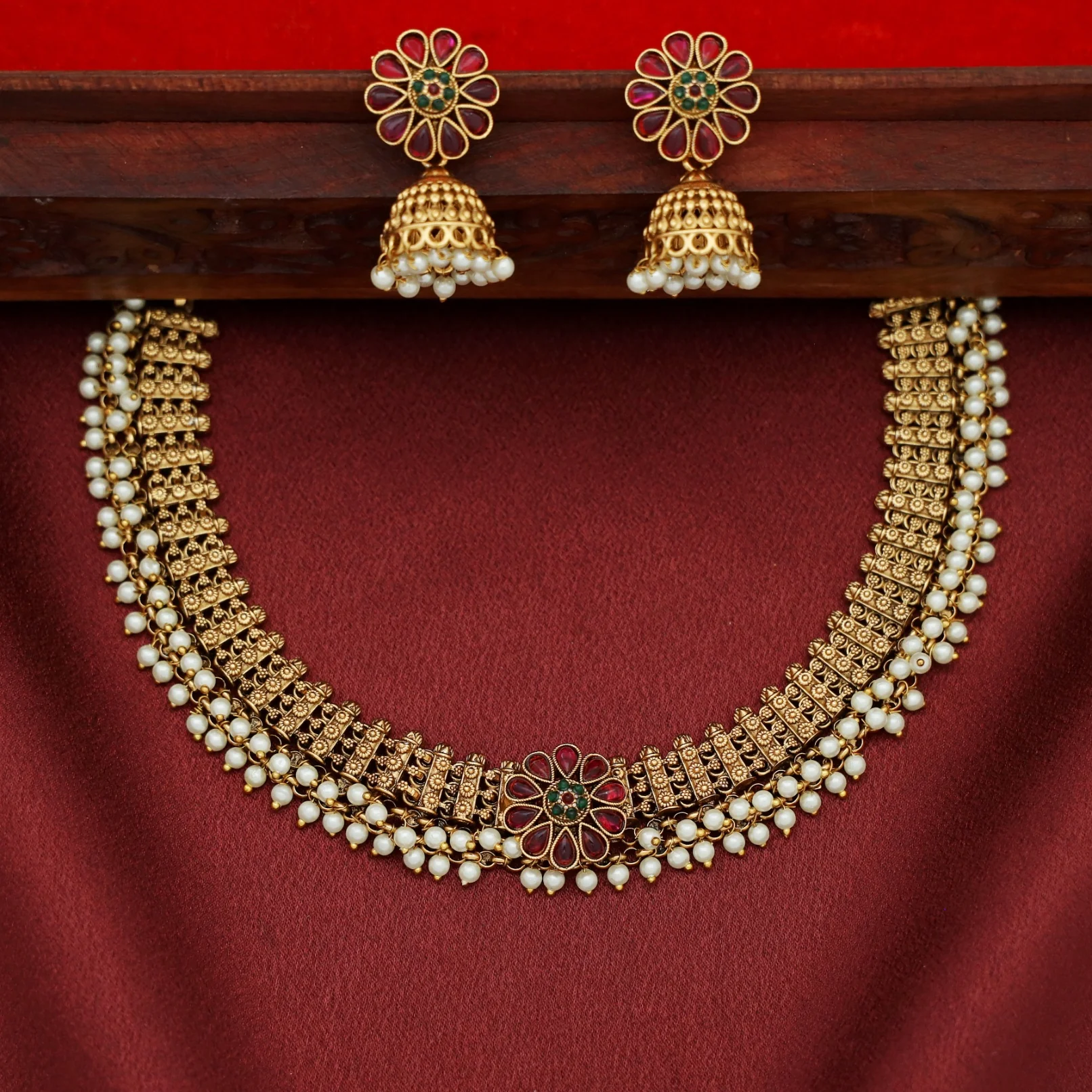 Shanavi Golden Pearl Flower Short Neckpiece with Earring - Image 2