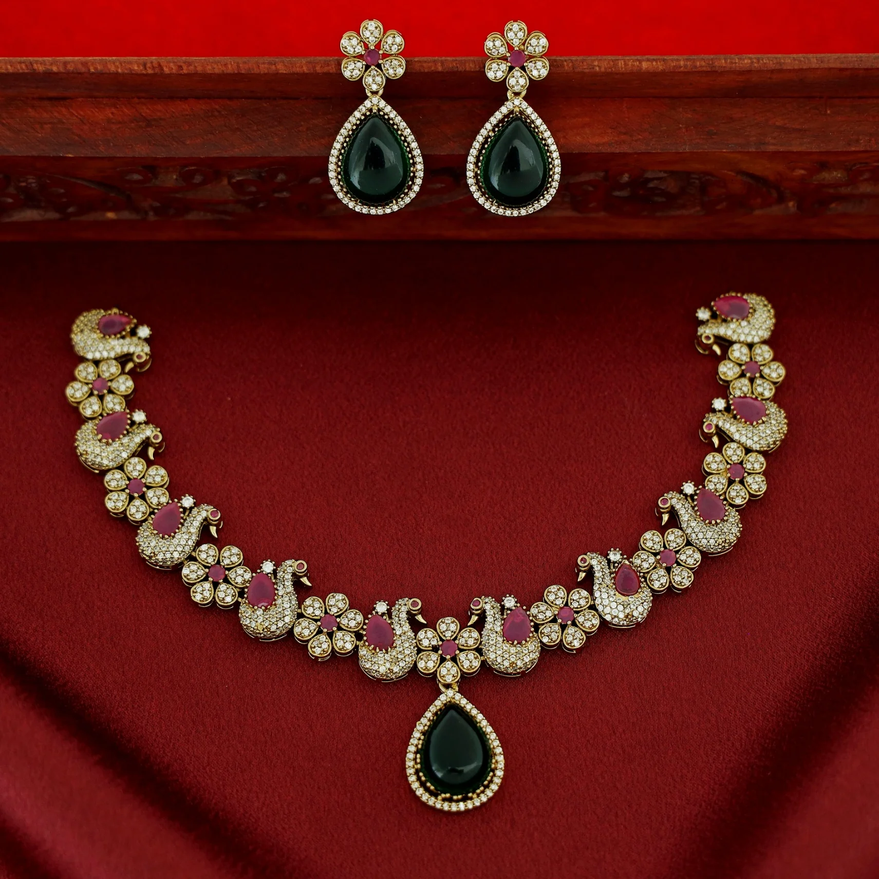 Premium Shanaya AD Stone Glossy Swan Drop Short Neckpiece With Earring - Image 2